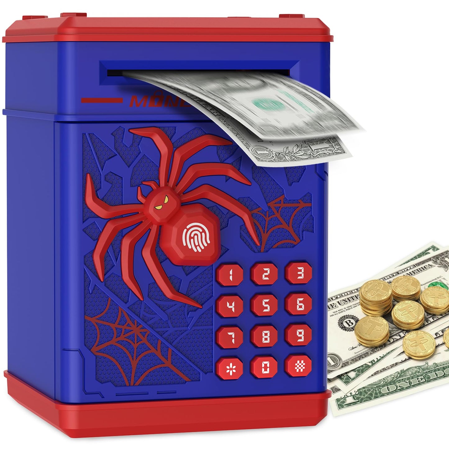 Pupidiu Spider Fingerprint Piggy Bank – Secure Kids Savings Box (Blue)