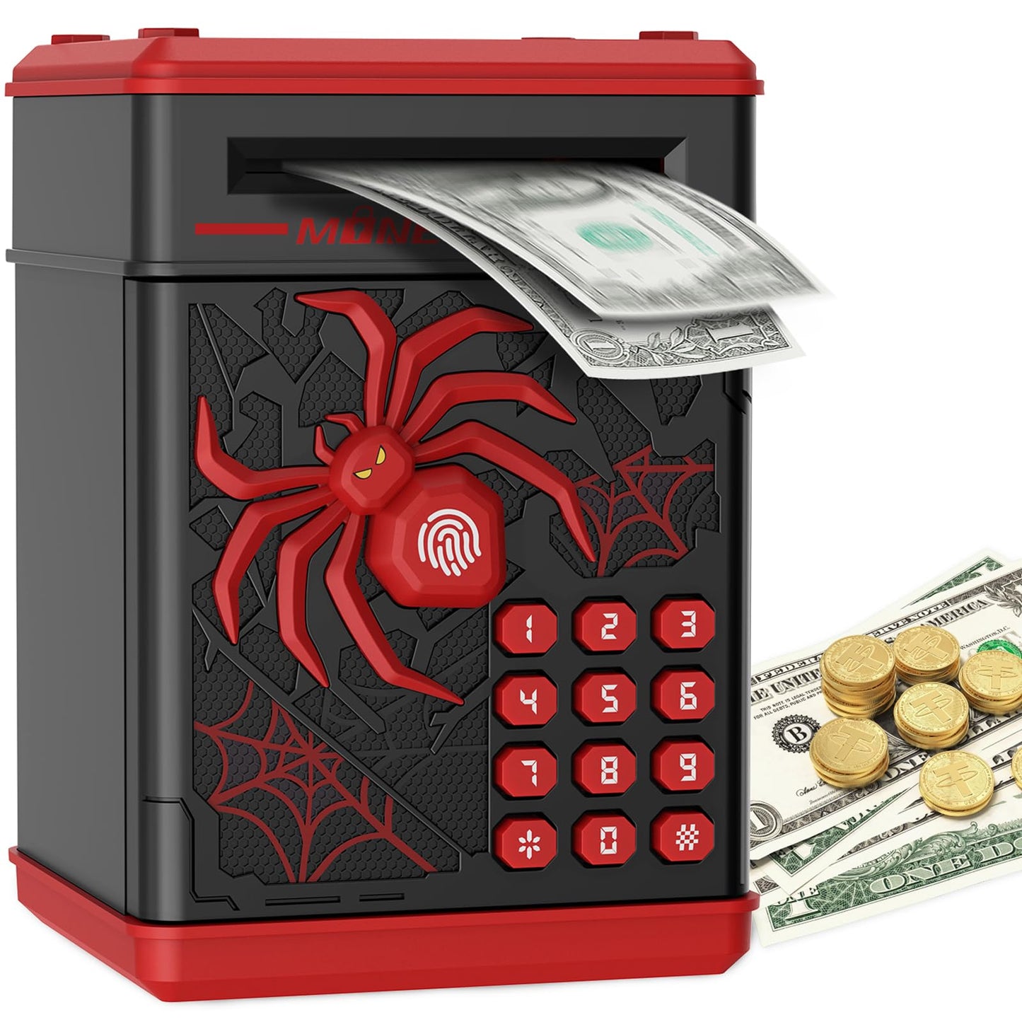 Pupidiu Spider Fingerprint Piggy Bank – Interactive ATM-Style Savings Box for Kids (Black)