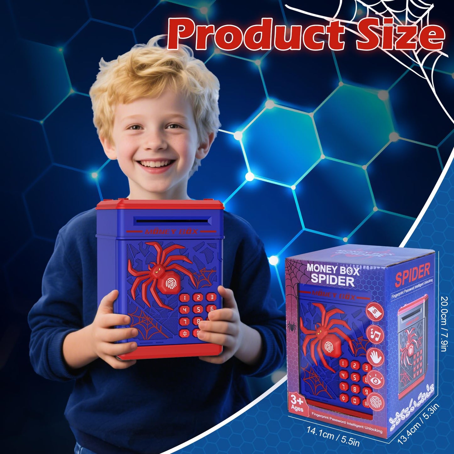 Pupidiu Spider Fingerprint Piggy Bank – Secure Kids Savings Box (Blue)