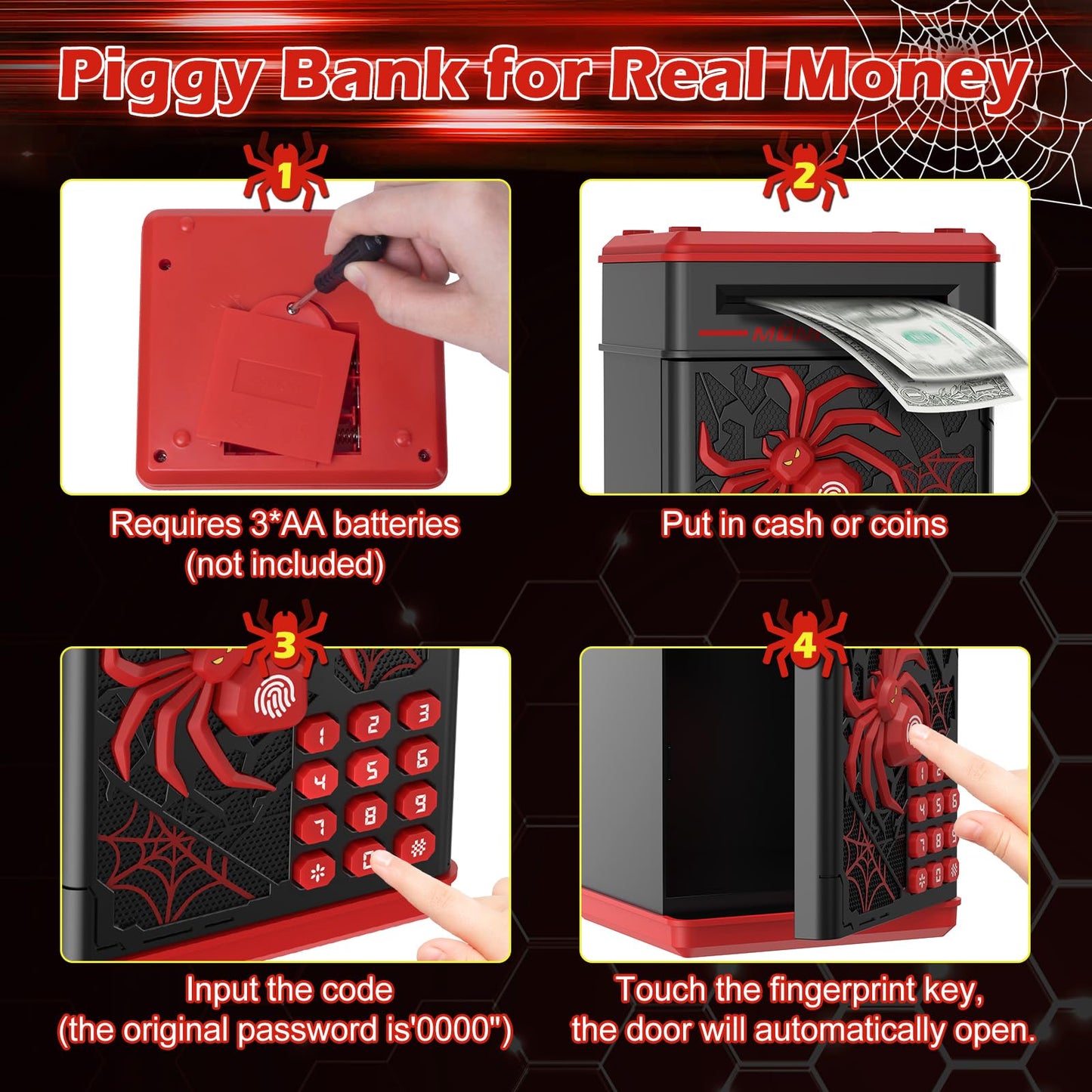 Pupidiu Spider Fingerprint Piggy Bank – Interactive ATM-Style Savings Box for Kids (Black)