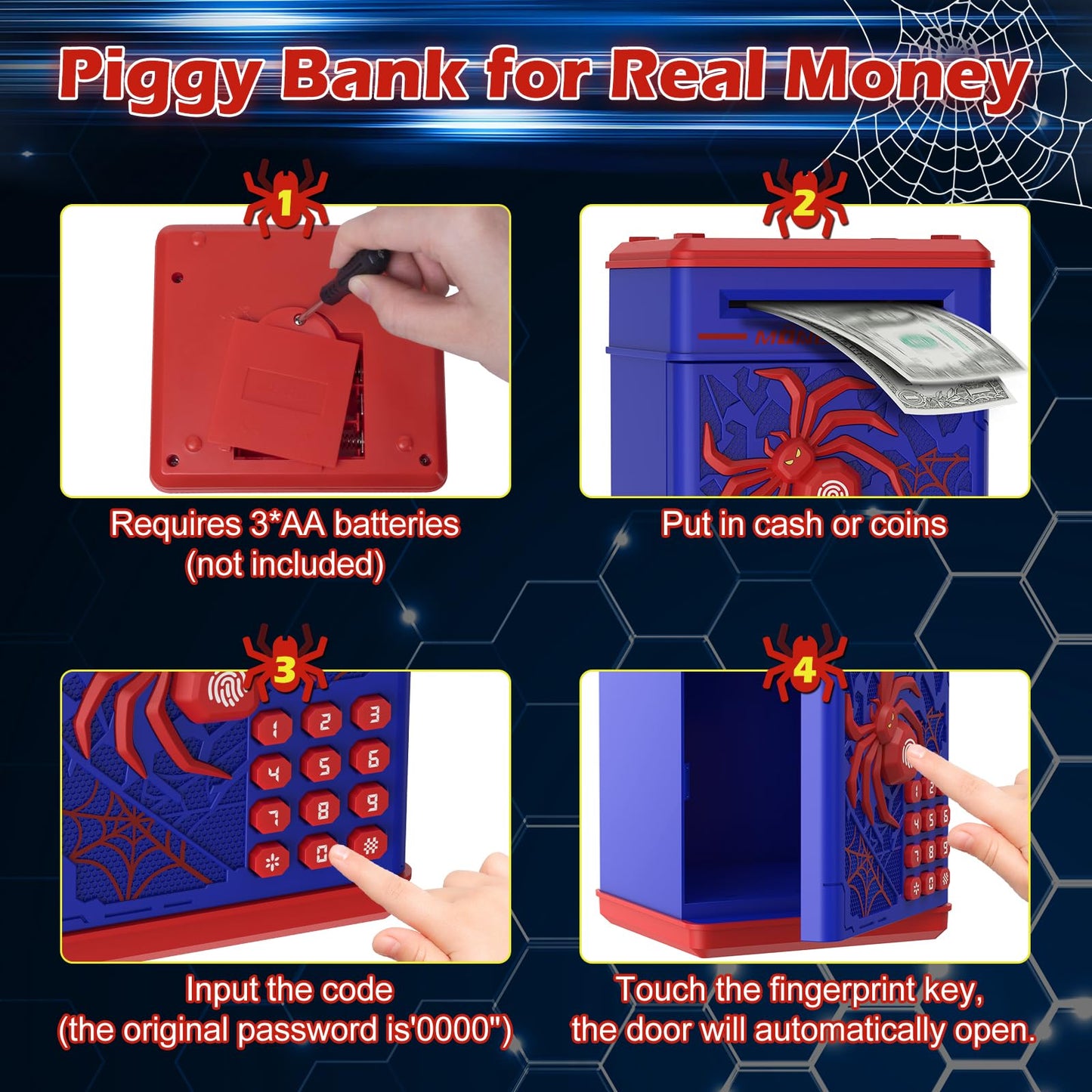 Pupidiu Spider Fingerprint Piggy Bank – Secure Kids Savings Box (Blue)