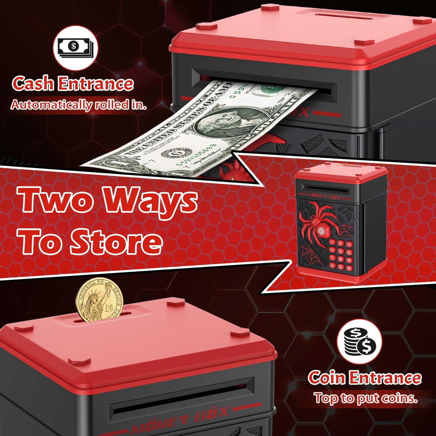 Pupidiu Spider Fingerprint Piggy Bank – Interactive ATM-Style Savings Box for Kids (Black)