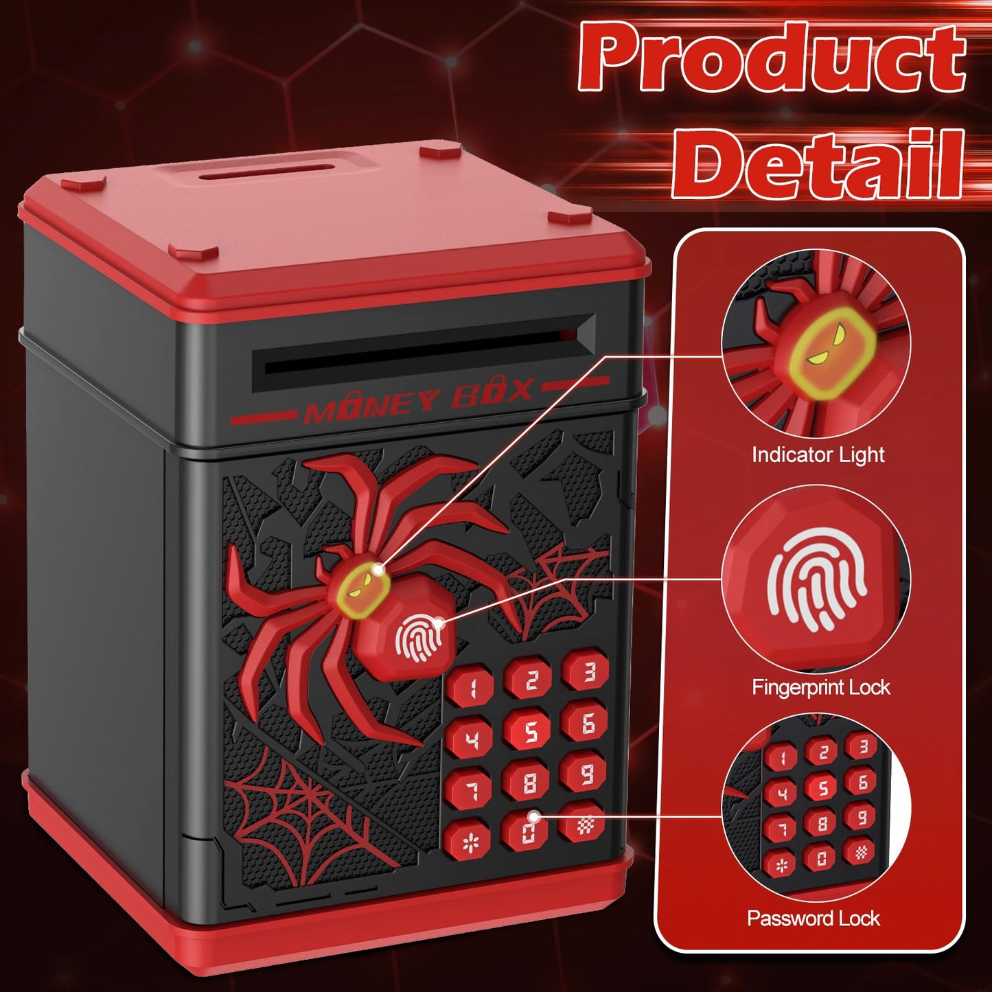 Pupidiu Spider Fingerprint Piggy Bank – Interactive ATM-Style Savings Box for Kids (Black)