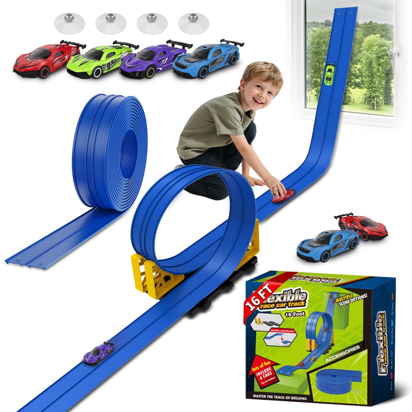 Puppiluv Flex Race Track 16 Ft with Suction Cups – Dual Indoor/Outdoor Race Set for 1:64 Cars
