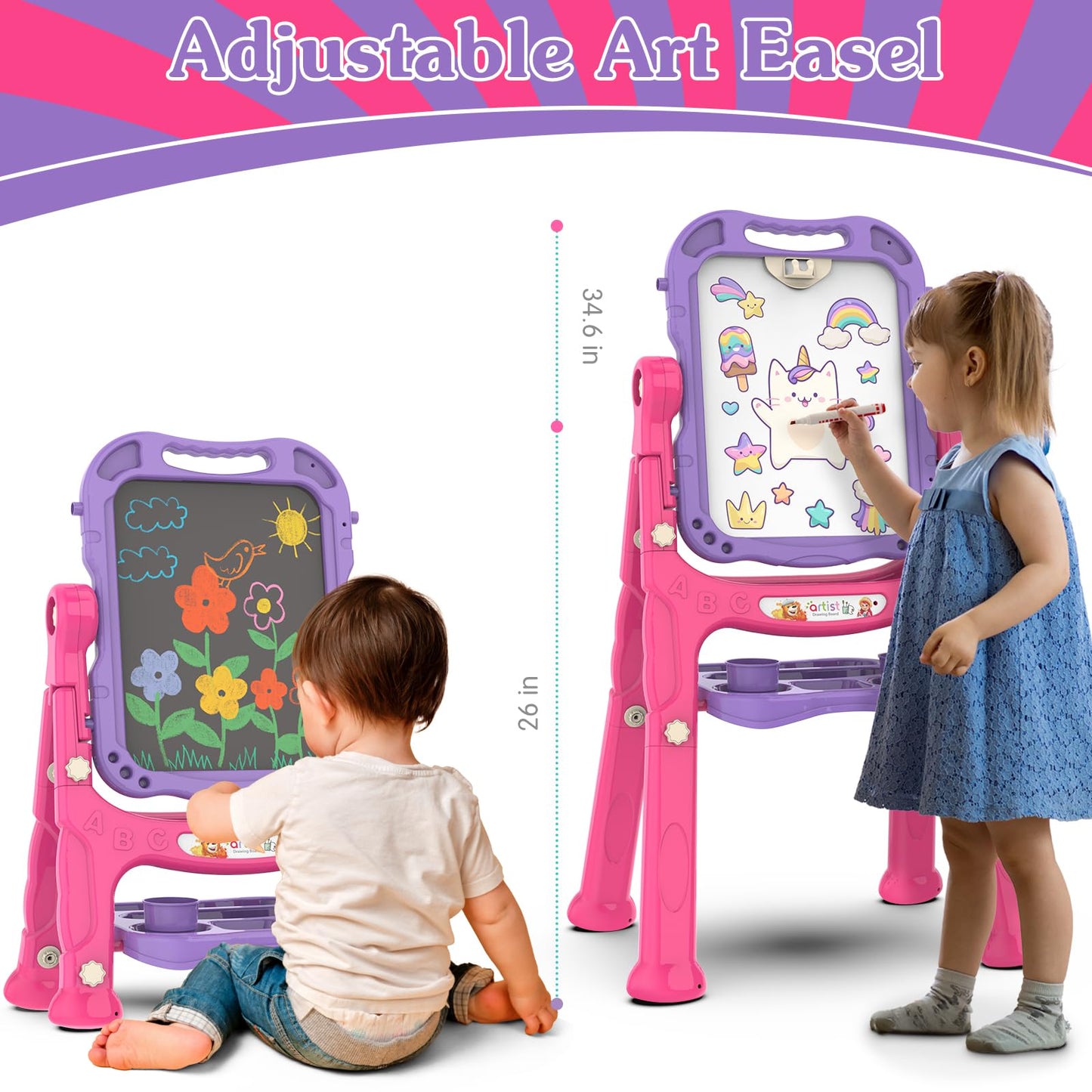PUPPSITTY Art Easel for Kids – Adjustable, Rotatable, Double-Sided with Accessories