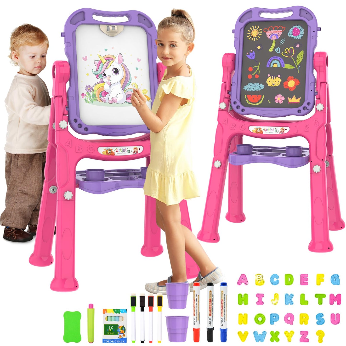 PUPPSITTY Art Easel for Kids – Adjustable, Rotatable, Double-Sided with Accessories