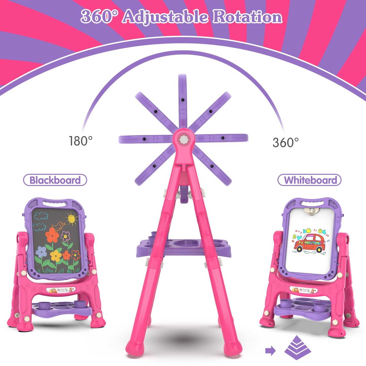 PUPPSITTY Art Easel for Kids – Adjustable, Rotatable, Double-Sided with Accessories