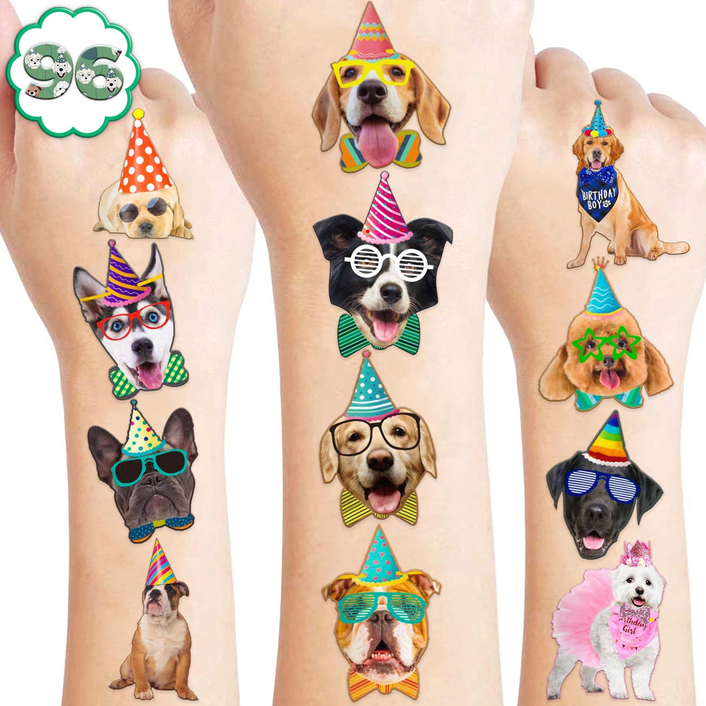 96PCS Dog Party Temporary Tattoos – Waterproof, Skin-Safe, Pre-Cut | Puppy Theme