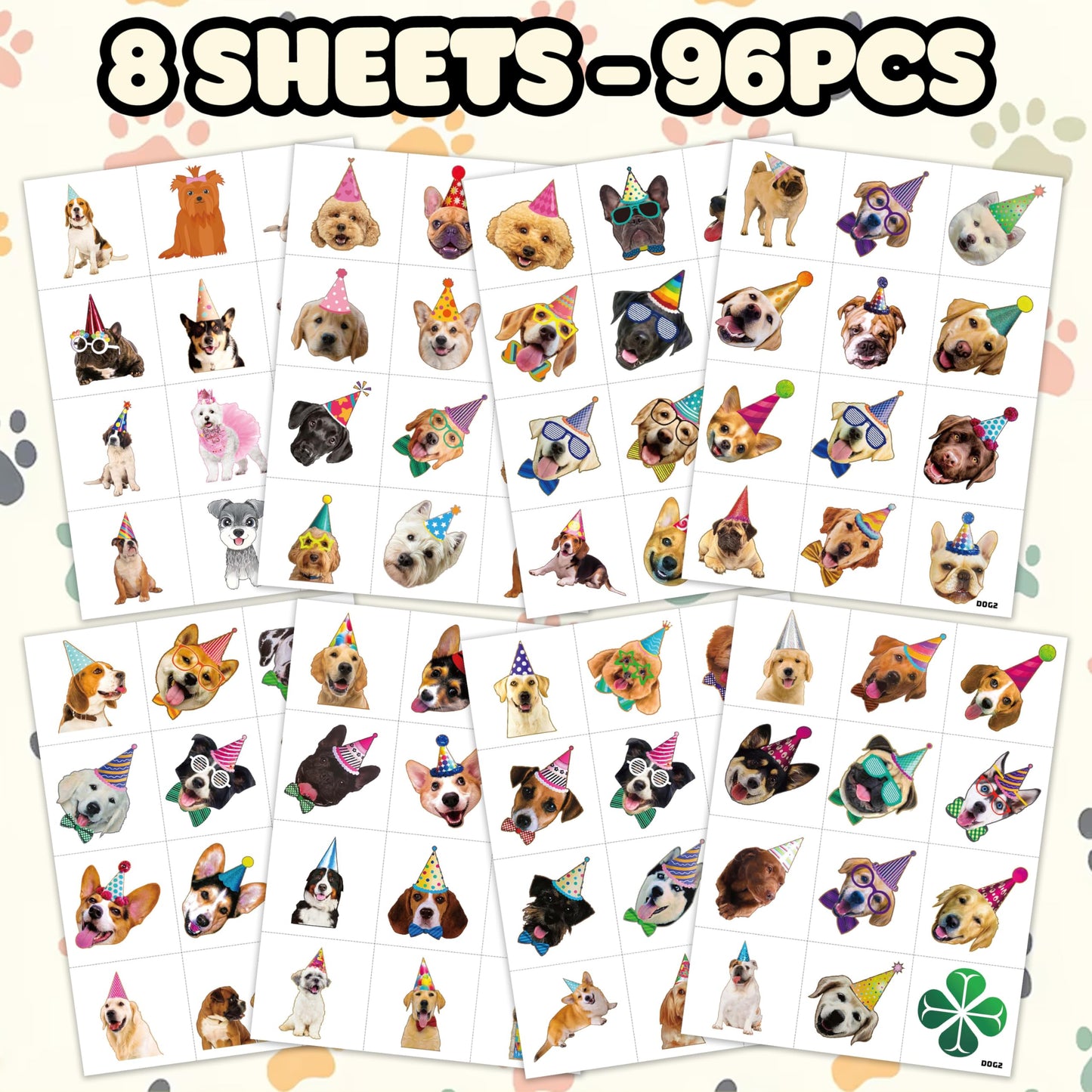 96PCS Dog Party Temporary Tattoos – Waterproof, Skin-Safe, Pre-Cut | Puppy Theme