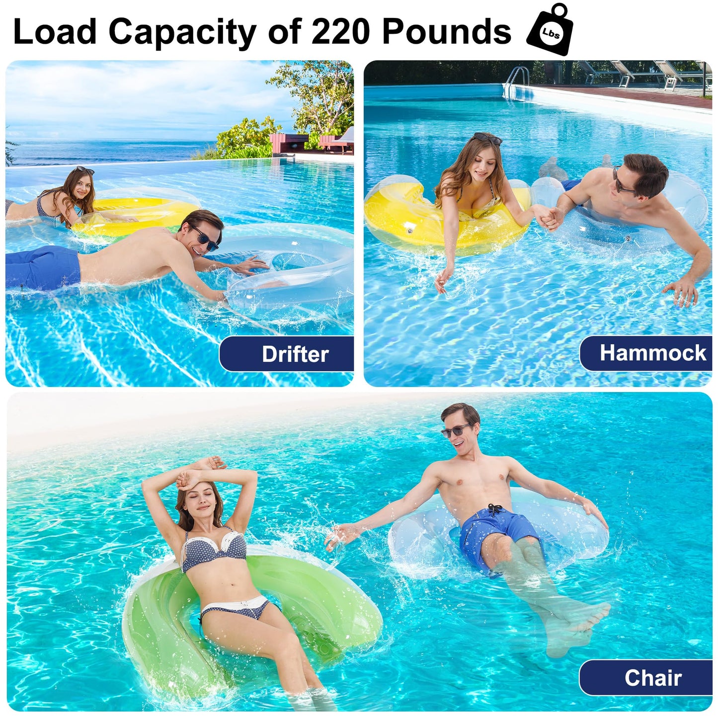 PuppyuWill 3-Pack Pool Floats: Minimalist Chair Hammock Drifter, 52in x 38in, Mood-Boosting Colors