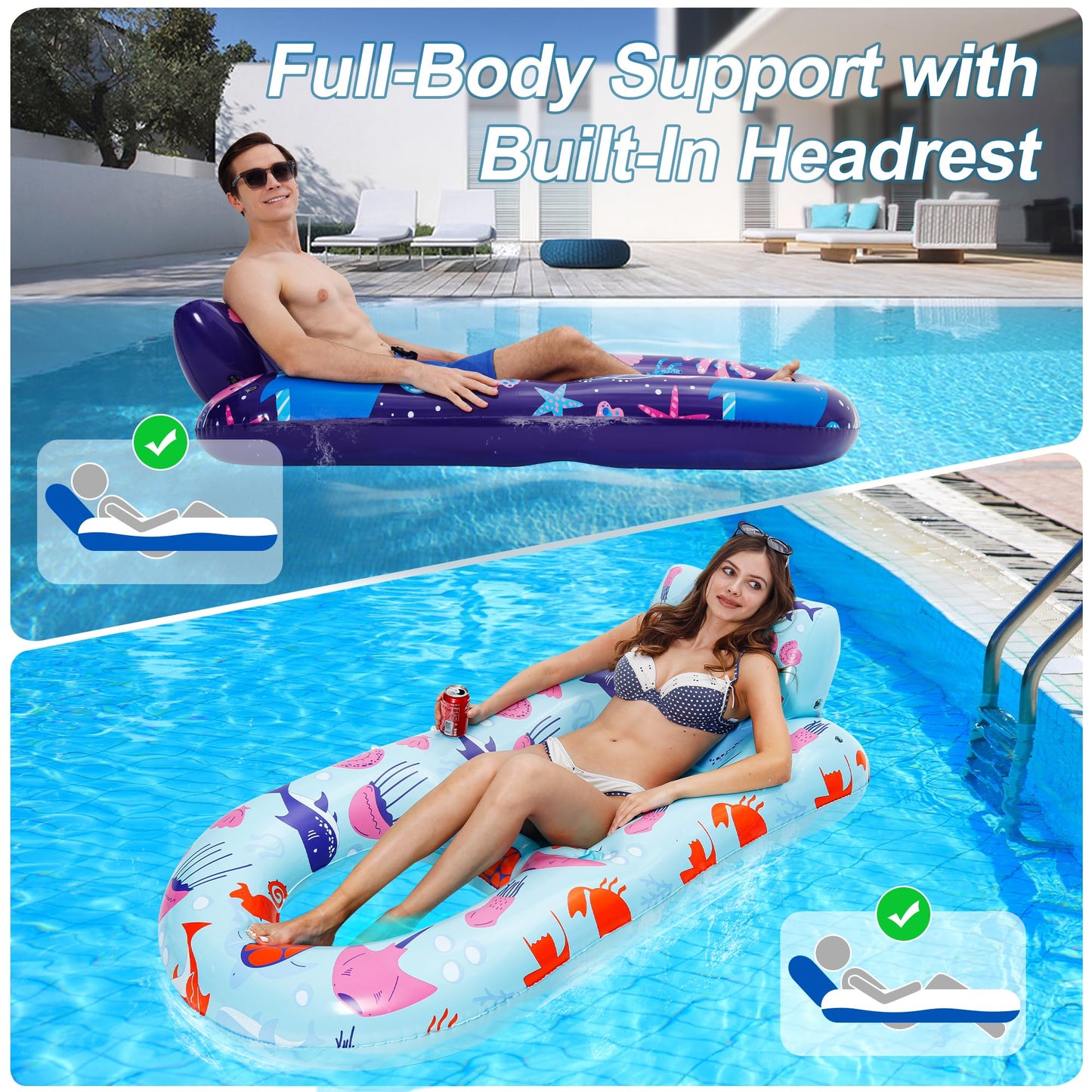 PuppyuWill 2-Pack Pool Floats for Adults - Heavy-Duty Lounge with Backrest, Footrest and Cup Holder