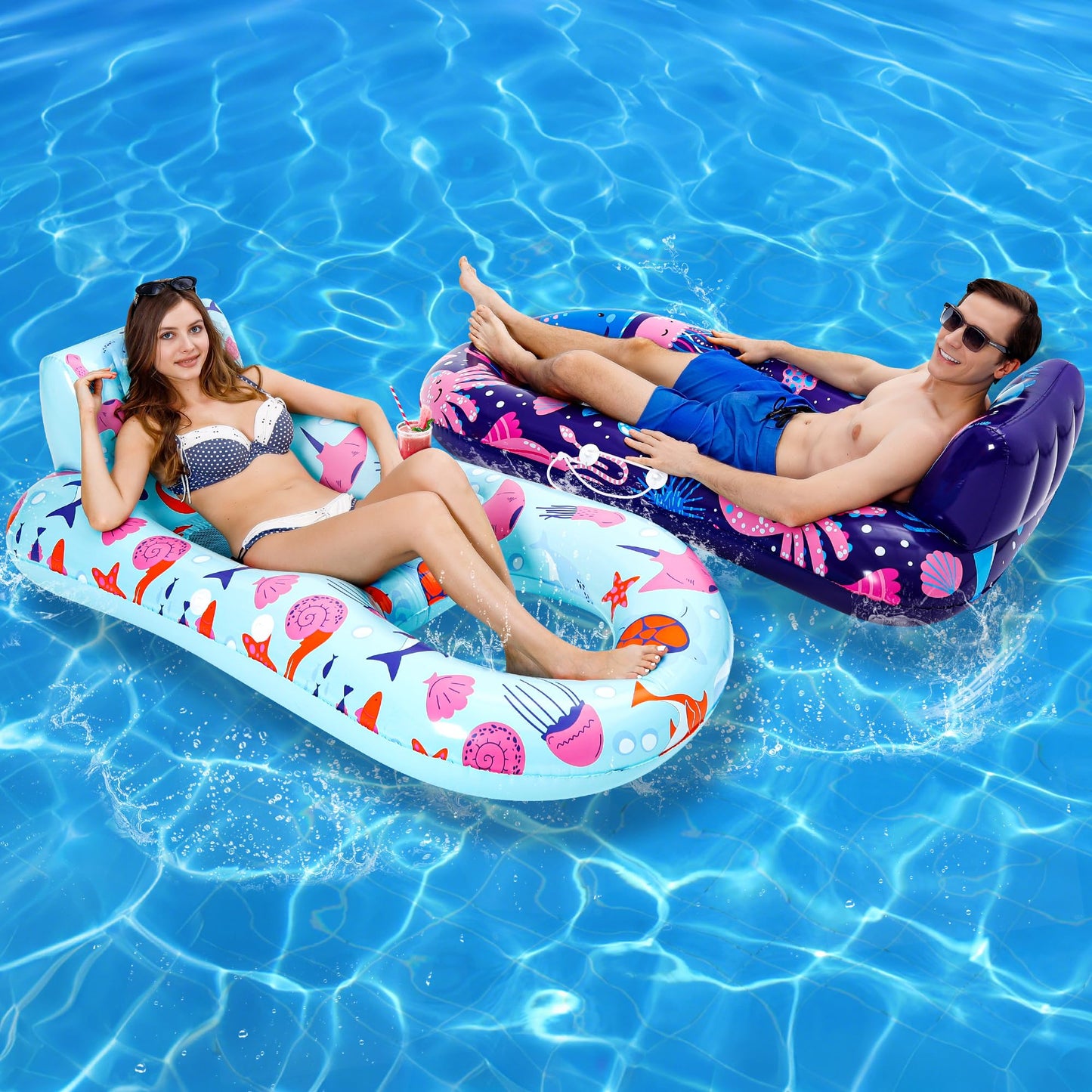 PuppyuWill 2-Pack Pool Floats for Adults - Heavy-Duty Lounge with Backrest, Footrest and Cup Holder