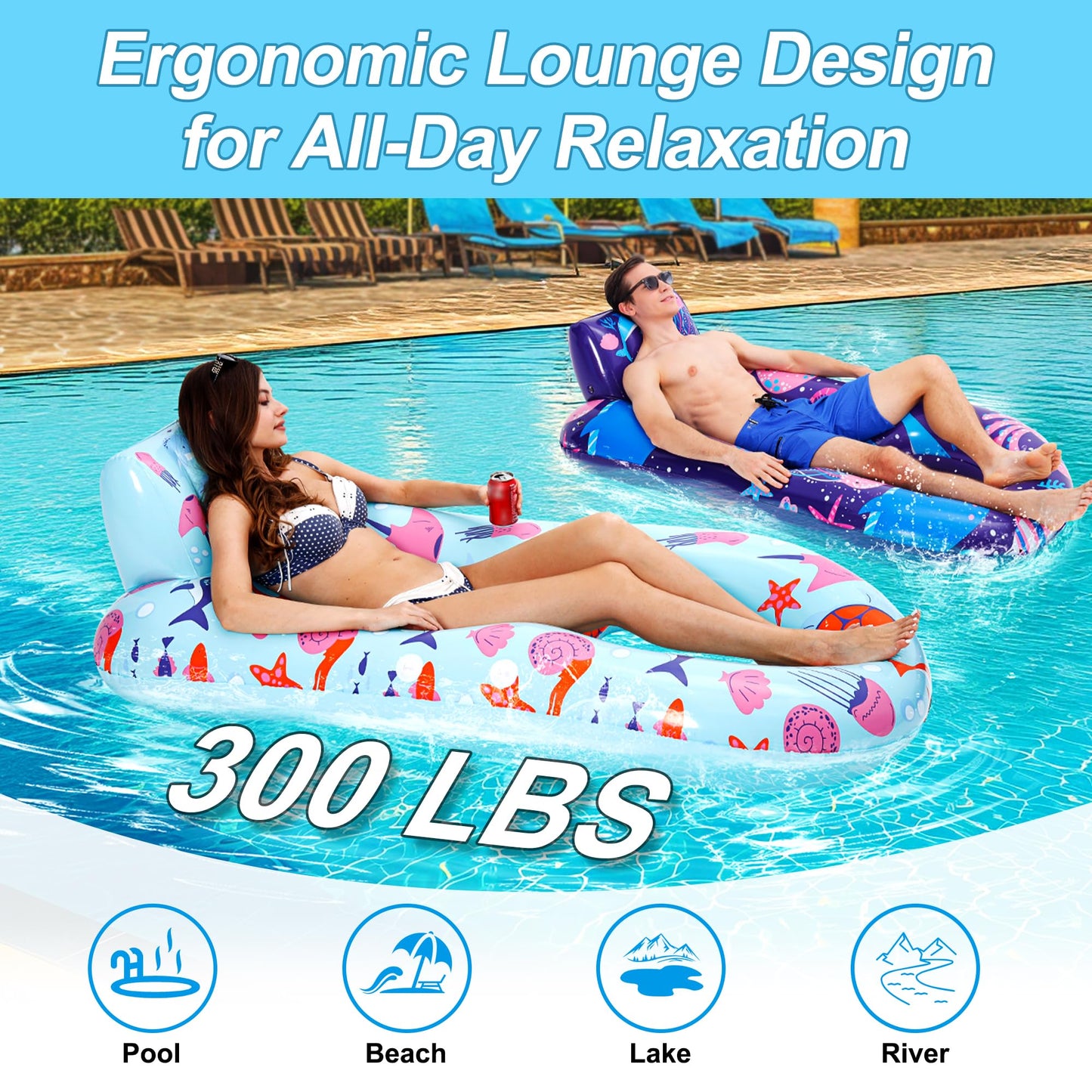 PuppyuWill 2-Pack Pool Floats for Adults - Heavy-Duty Lounge with Backrest, Footrest and Cup Holder