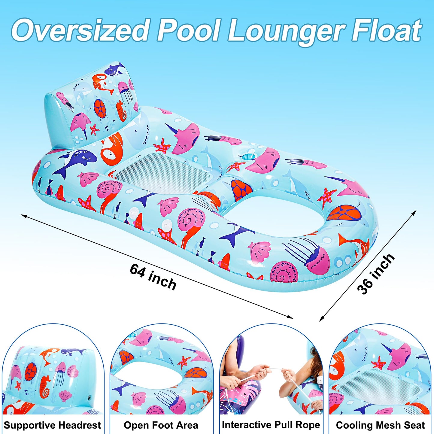 PuppyuWill 2-Pack Pool Floats for Adults - Heavy-Duty Lounge with Backrest, Footrest and Cup Holder