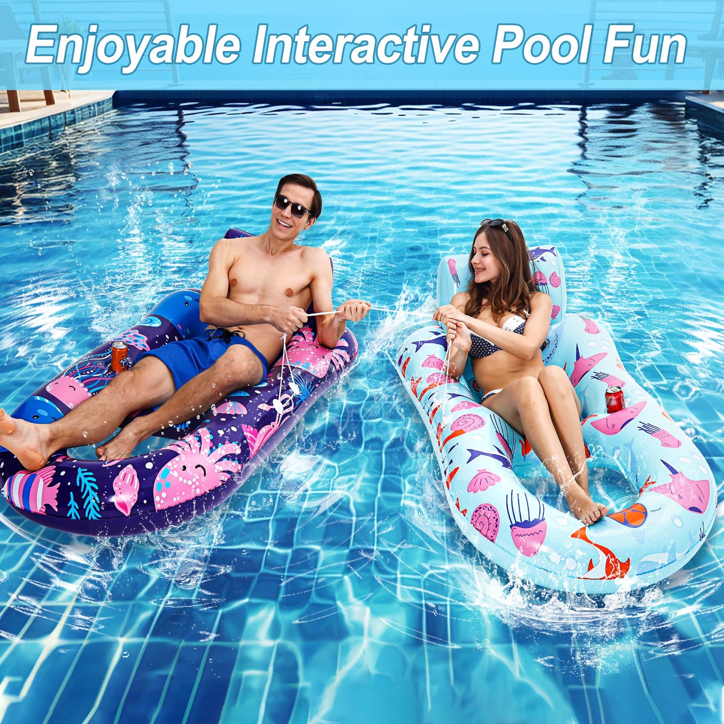 PuppyuWill 2-Pack Pool Floats for Adults - Heavy-Duty Lounge with Backrest, Footrest and Cup Holder
