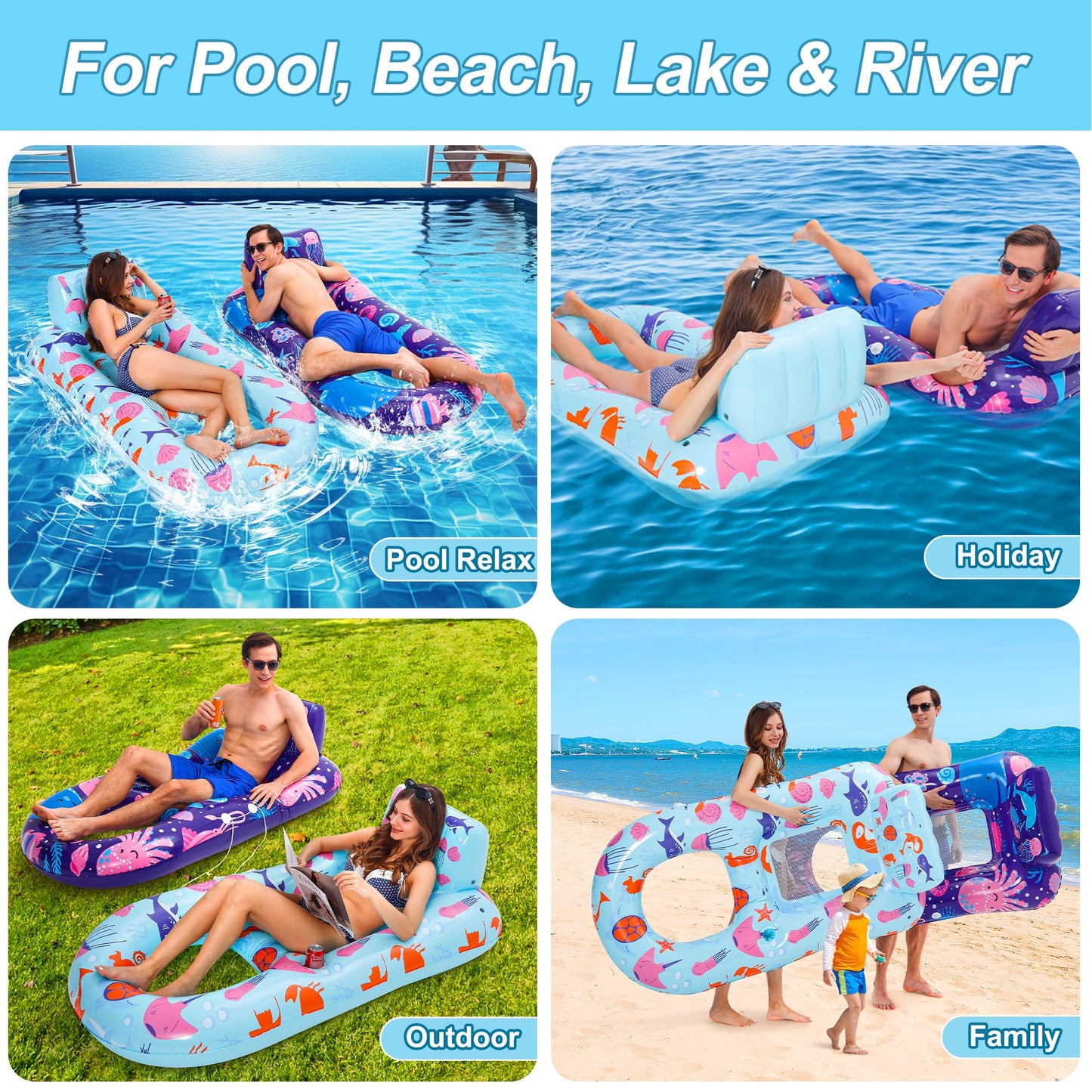 PuppyuWill 2-Pack Pool Floats for Adults - Heavy-Duty Lounge with Backrest, Footrest and Cup Holder