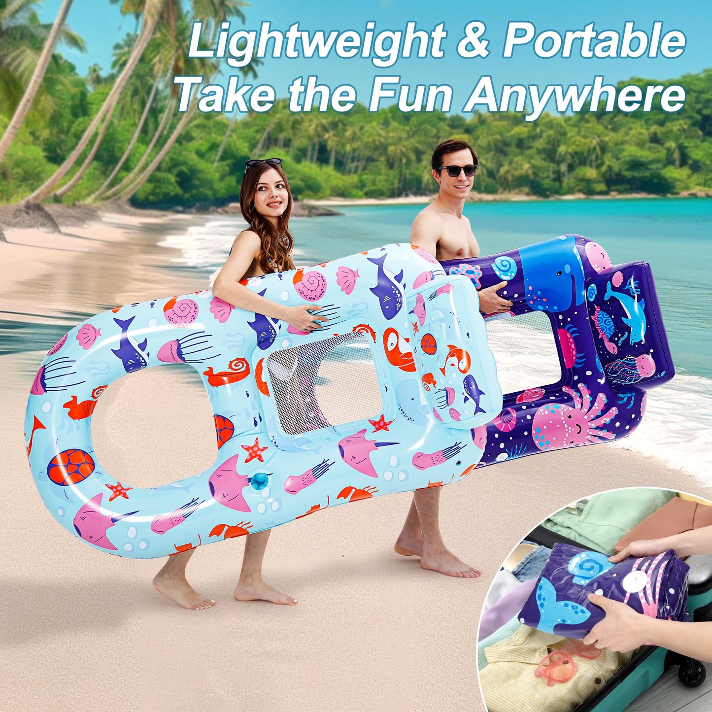 PuppyuWill 2-Pack Pool Floats for Adults - Heavy-Duty Lounge with Backrest, Footrest and Cup Holder