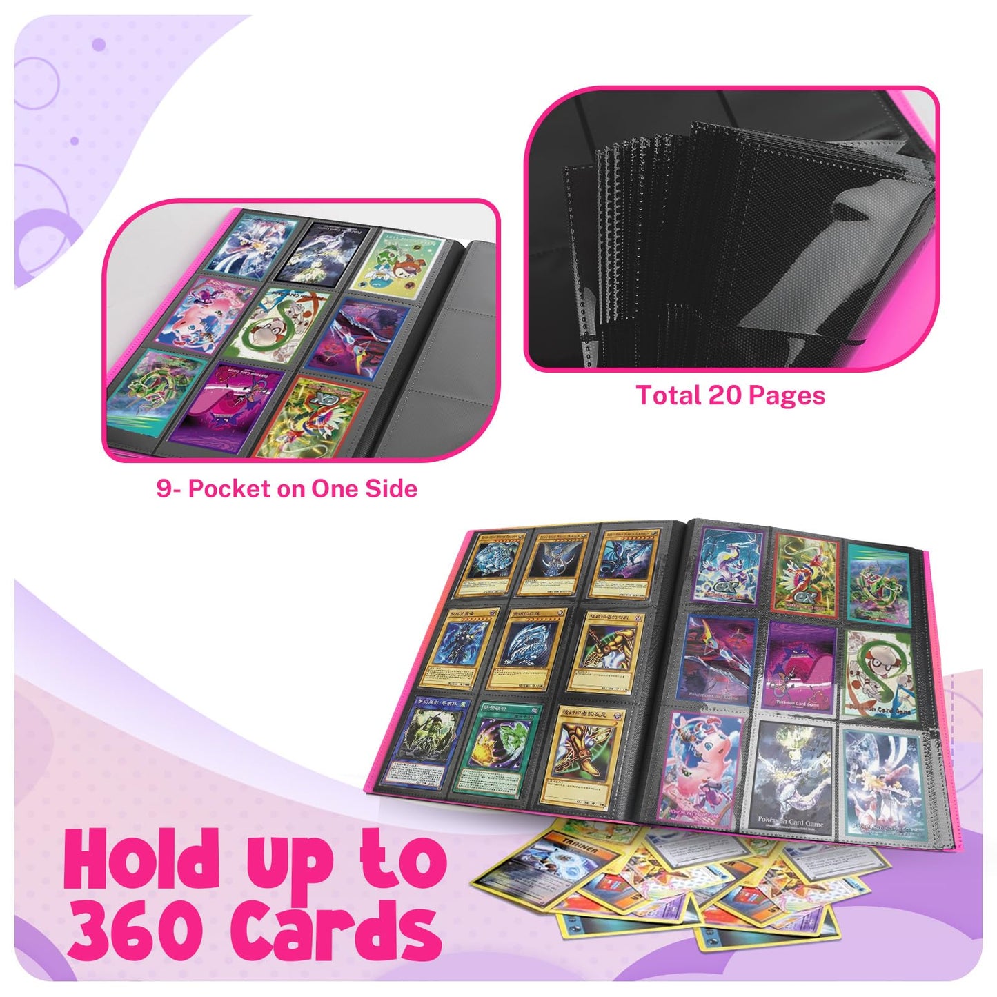 PUPTILY Card Binder 9-Pocket, 360-Card Capacity – Rose Red, 20 Pages, MTG/TCG Compatible