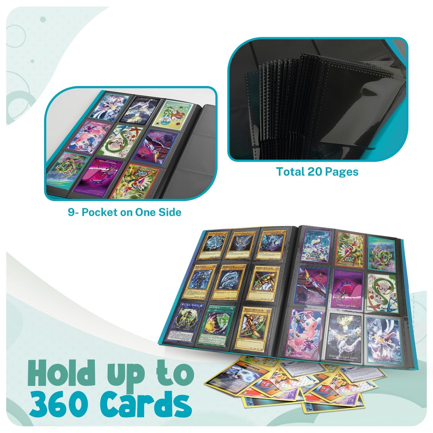 PUPTILY Card Binder - 9-Pocket Trading Card Album, 360 Card Capacity, 20 Pages, Lake Blue