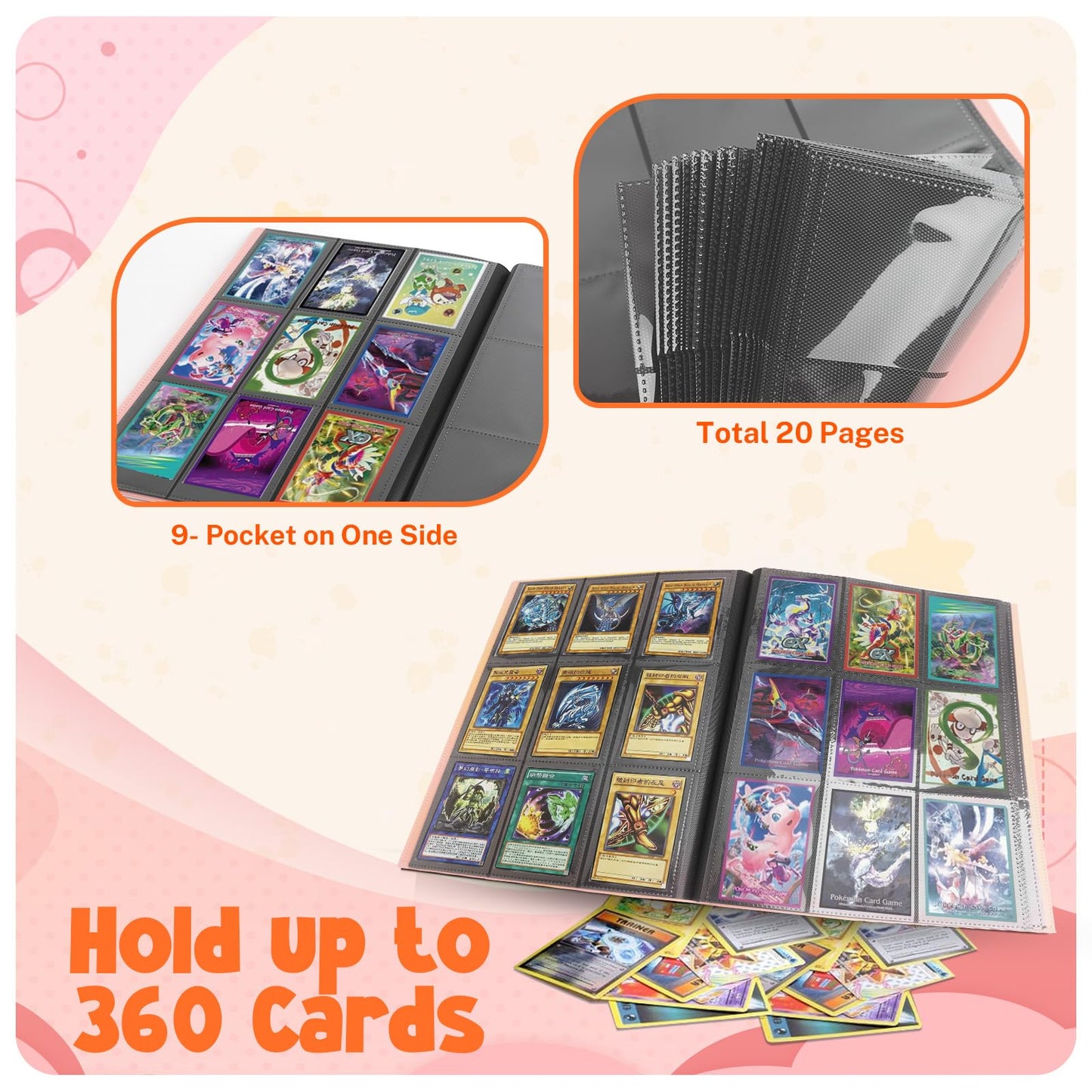 PUPTILY Card Binder – 360-Card Capacity, 9-Pocket Pink Album