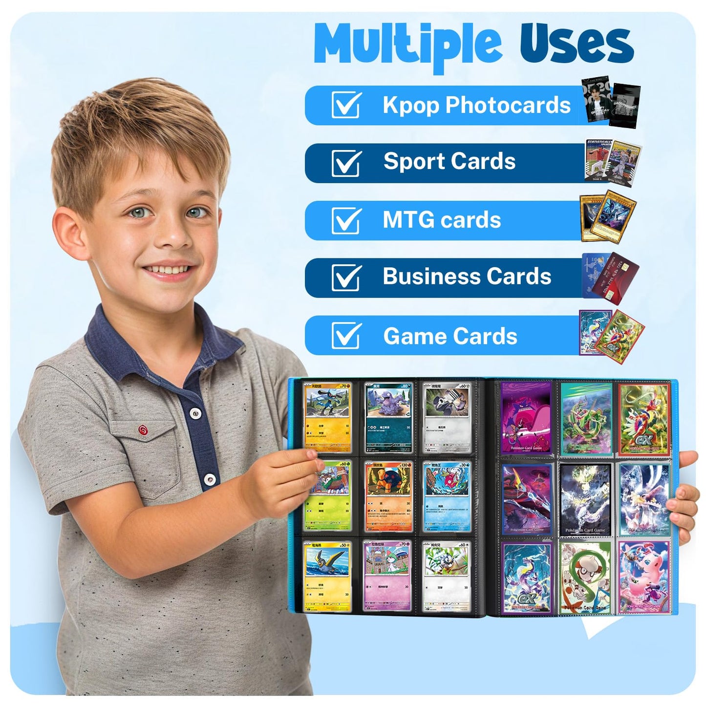 PUPTILY Card Binder 9-Pocket Album – 360 Card Capacity, 20 Pages, Light Blue