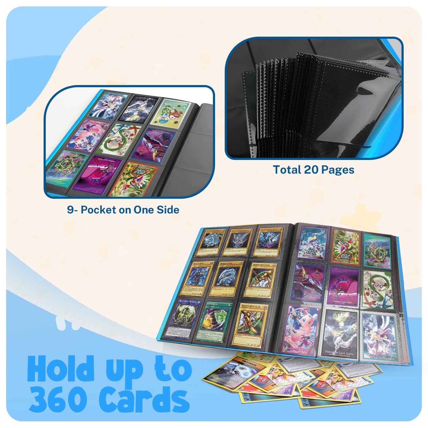 PUPTILY Card Binder 9-Pocket Album – 360 Card Capacity, 20 Pages, Light Blue