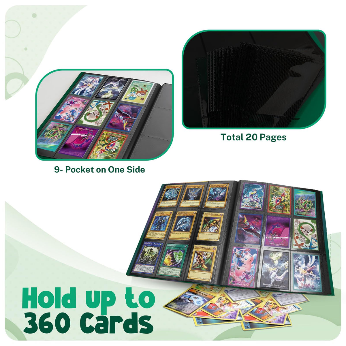 PUPTILY Card Binder – 360 Card Capacity, 20 Pages, 9-Pocket Album (Green)