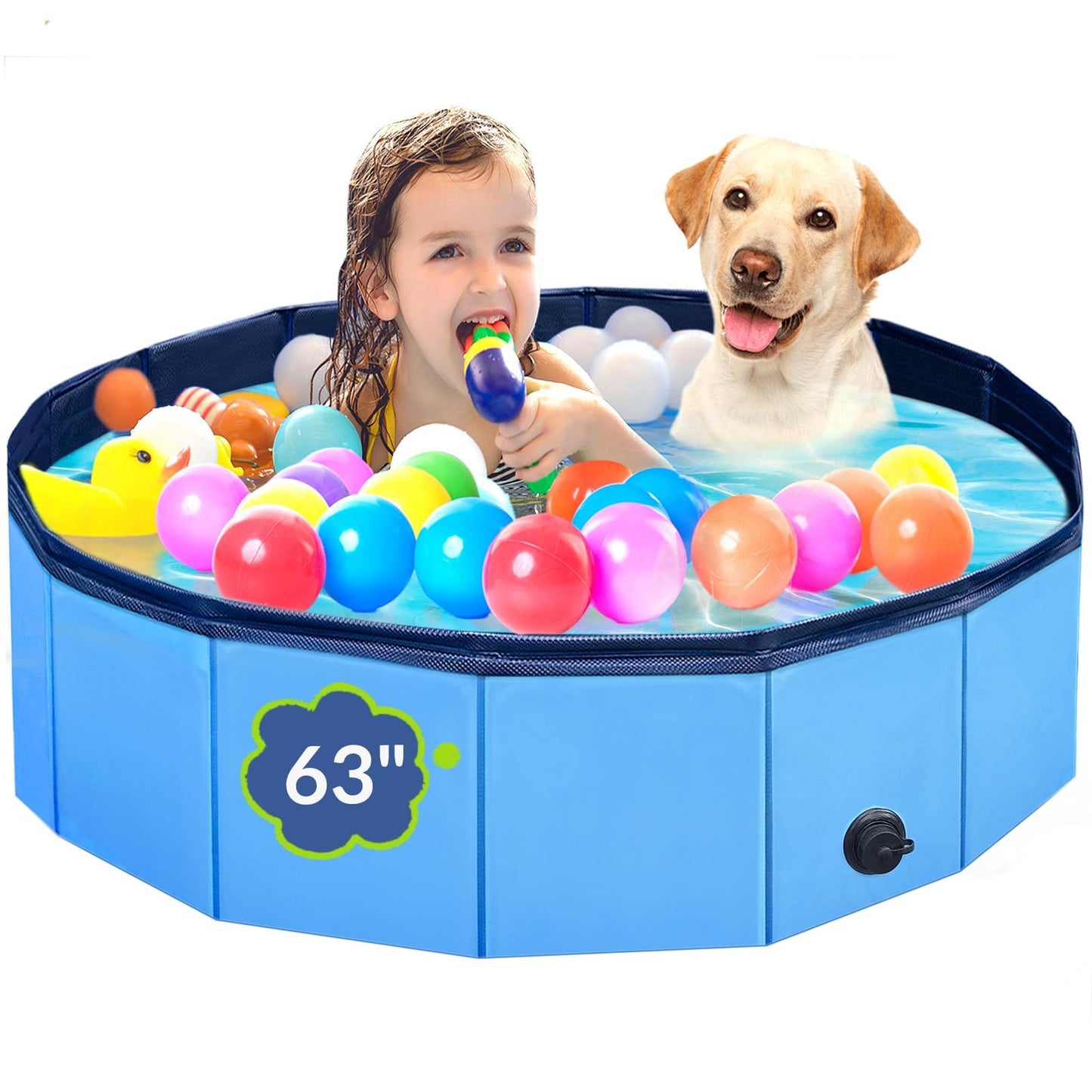 PUPTILY Foldable Dog Pool 63-inch | Non-Slip, Durable Plastic Bath with Quick Drain