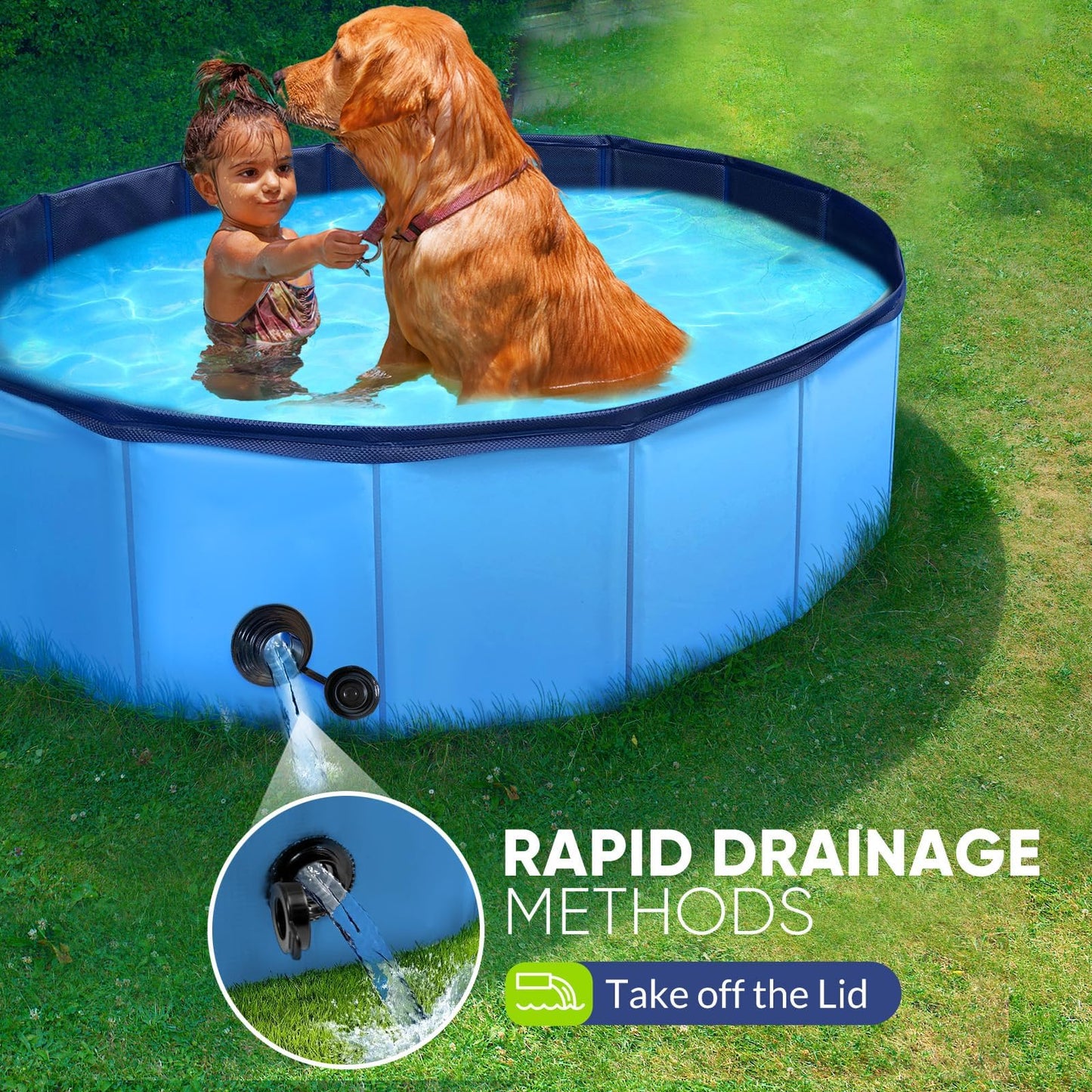 PUPTILY Foldable Dog Pool 63-inch | Non-Slip, Durable Plastic Bath with Quick Drain