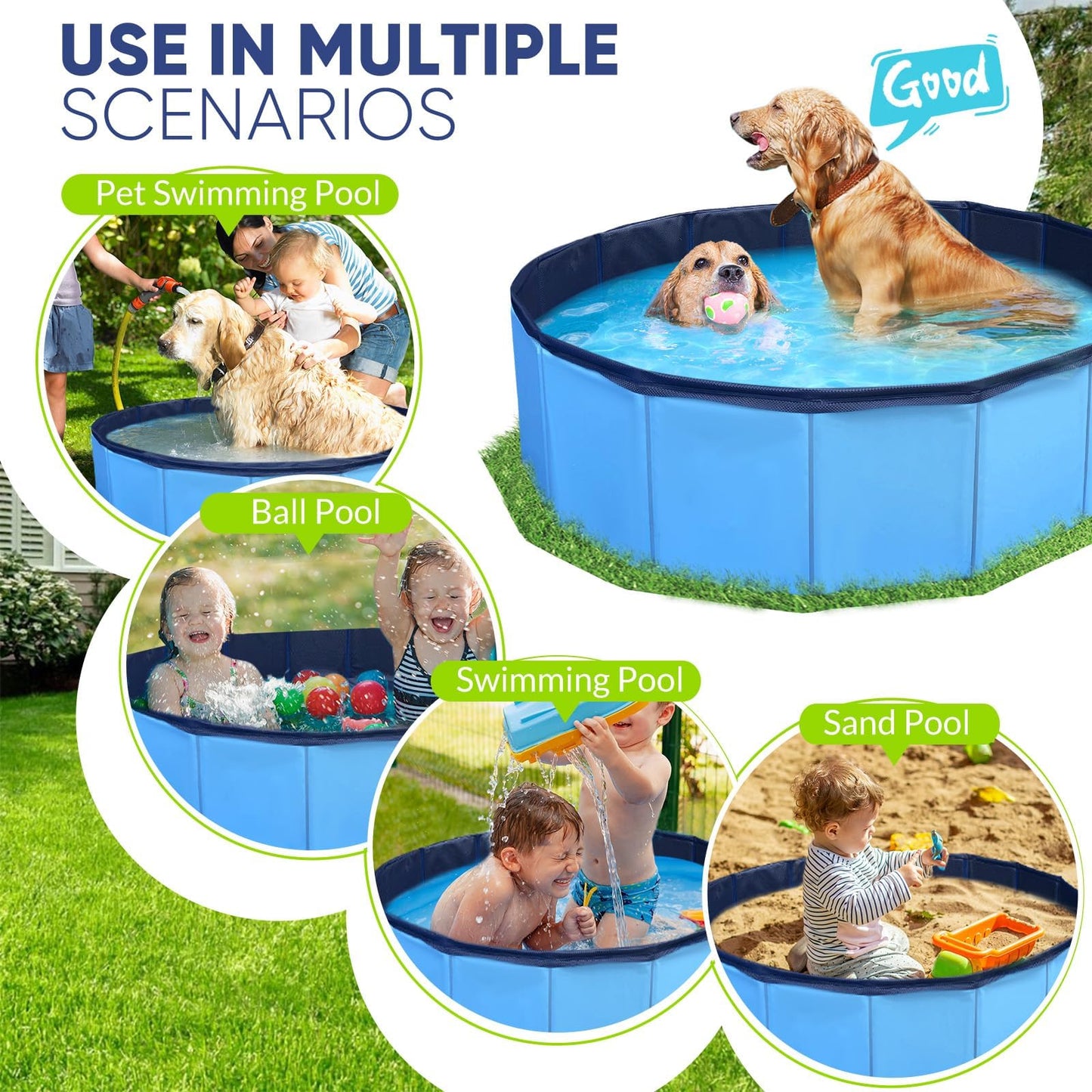 PUPTILY Foldable Dog Pool 63-inch | Non-Slip, Durable Plastic Bath with Quick Drain