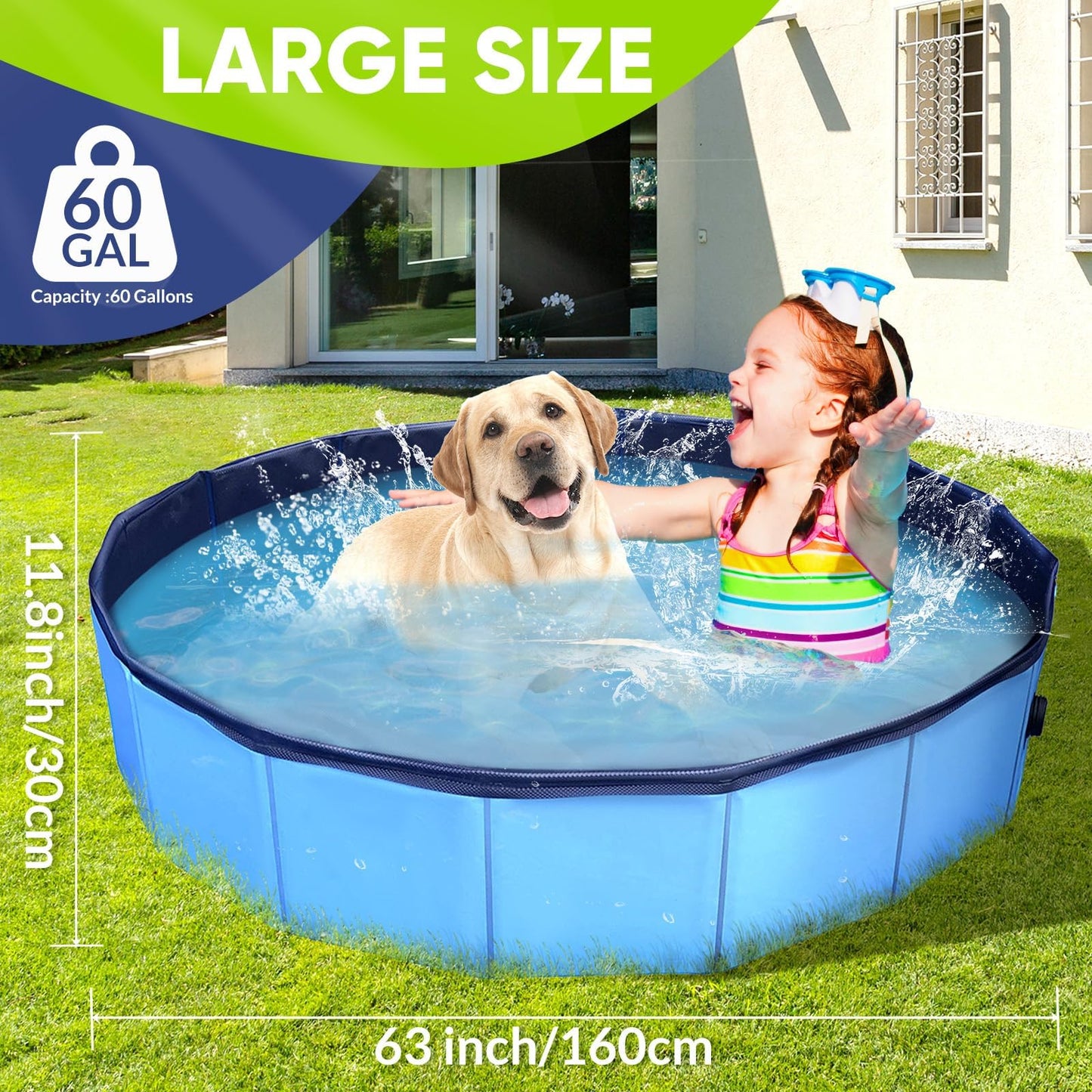 PUPTILY Foldable Dog Pool 63-inch | Non-Slip, Durable Plastic Bath with Quick Drain