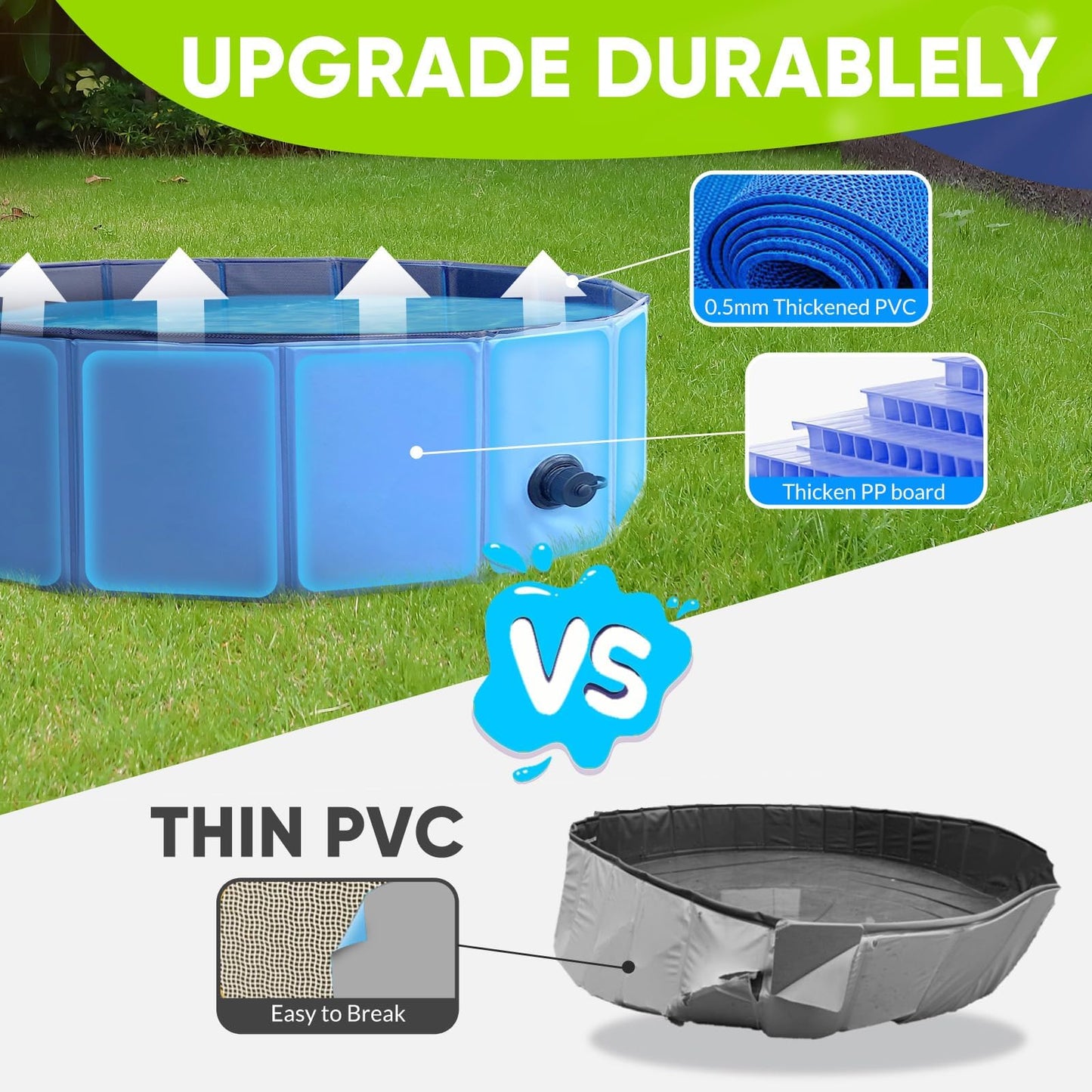 PUPTILY Foldable Dog Pool 63-inch | Non-Slip, Durable Plastic Bath with Quick Drain