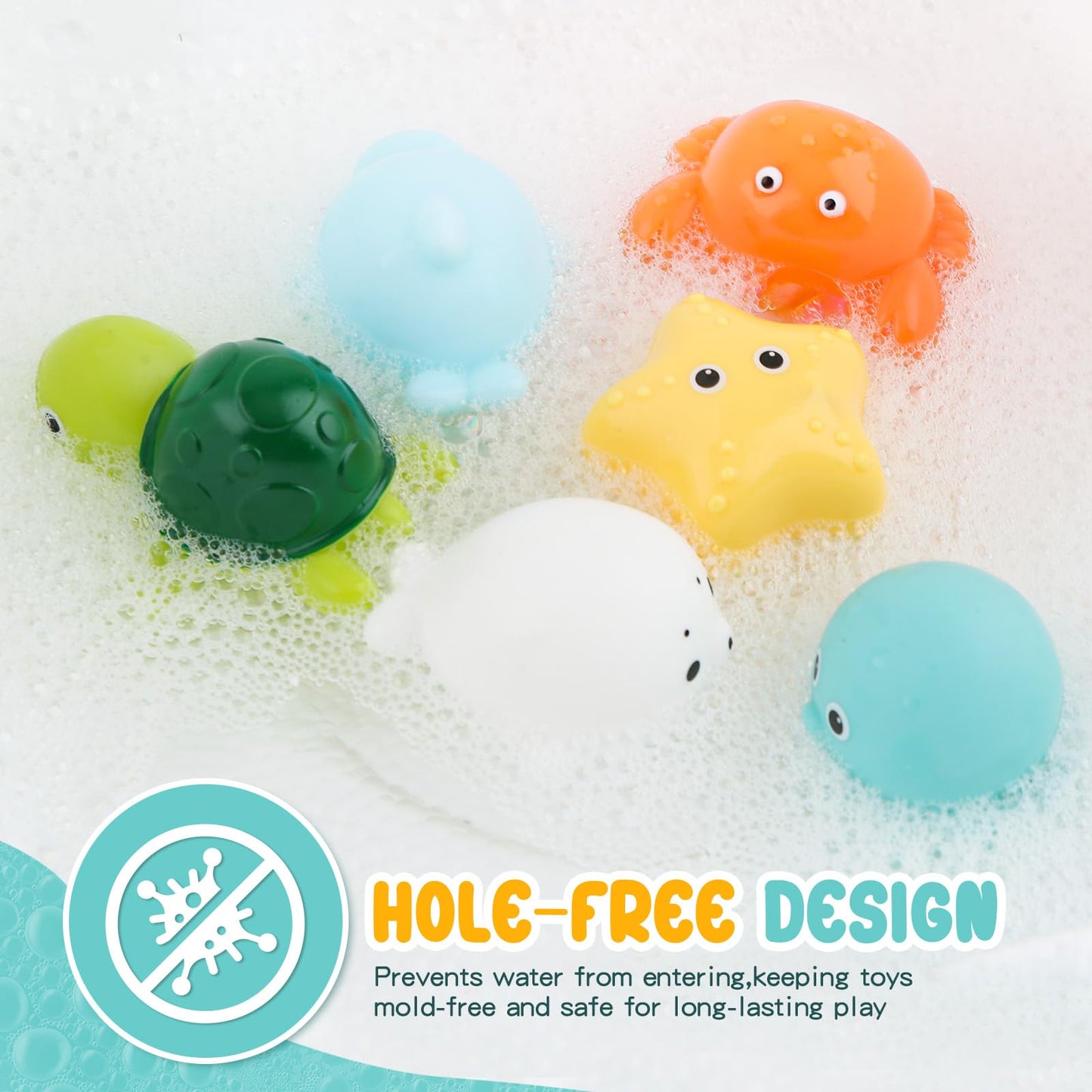 PUPTILY Bath Toys 6 Pack – No-Hole, Mold-Free, Soft Squeezable Water Toys for Ages 1-3