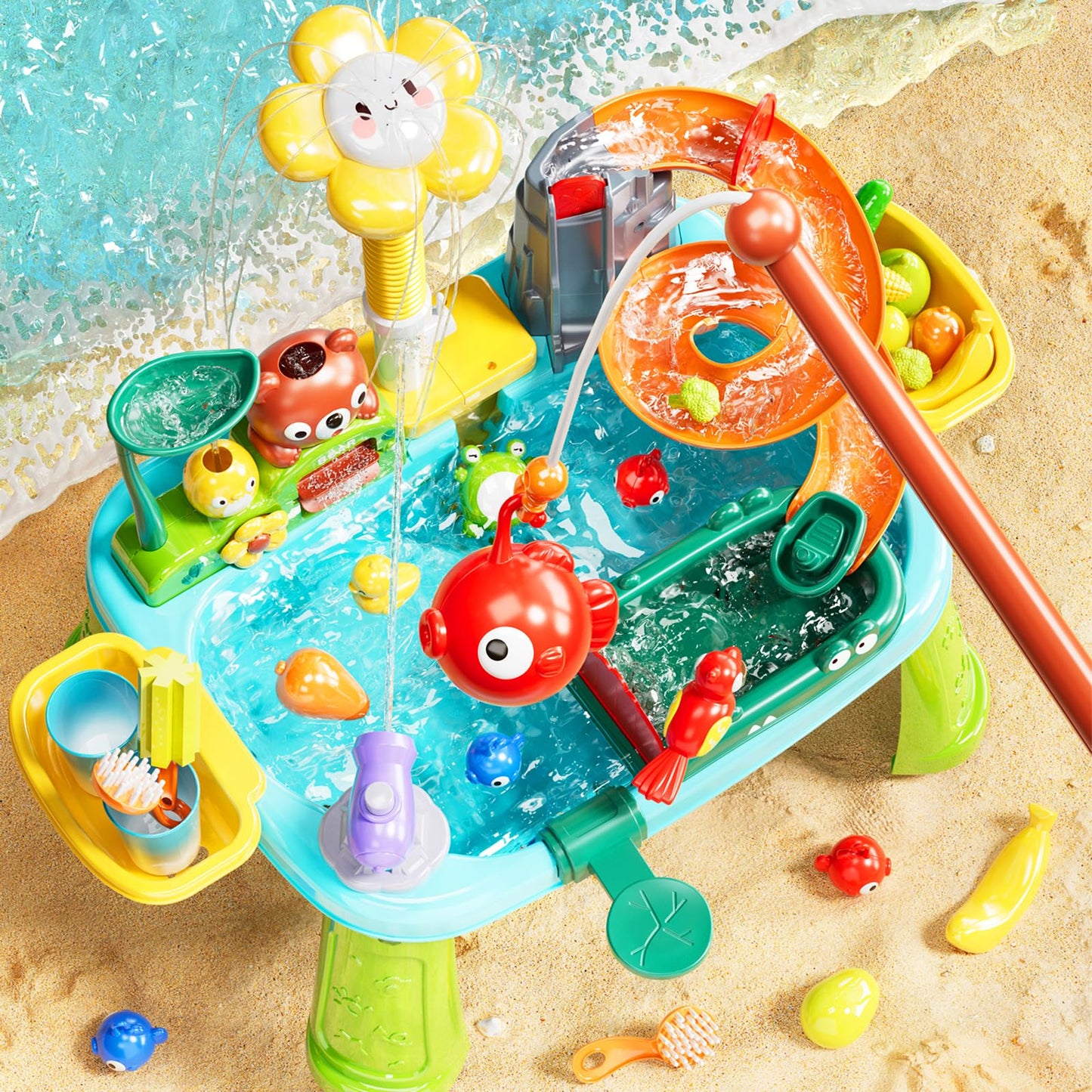 Pupu Pig Water Table Play Sink Toys for Toddlers – 360° Faucet, Floating Fishing Game & Color-Changing Sensory Table