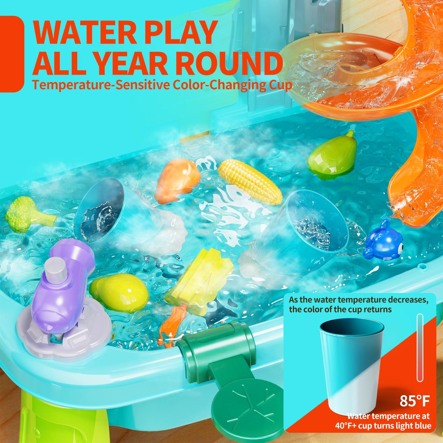 Pupu Pig Water Table Play Sink Toys for Toddlers – 360° Faucet, Floating Fishing Game & Color-Changing Sensory Table