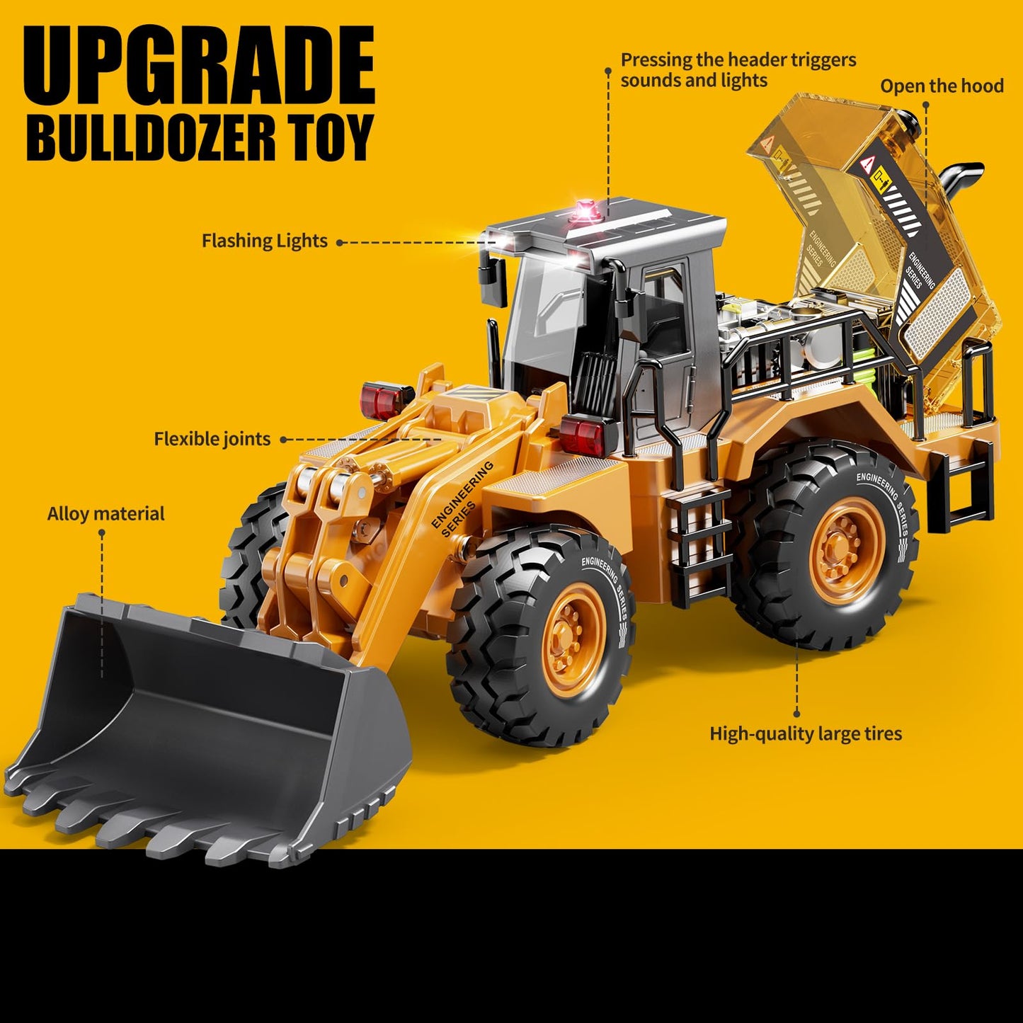 Pupu Pig Kids Metal Bulldozer Toy with Lights & Sounds — Die-Cast 1:40 Scale