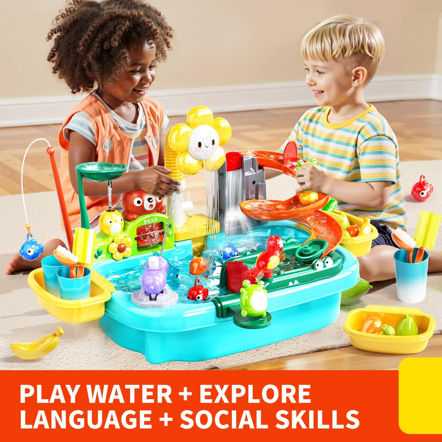 Pupu Pig Water Table Play Sink Toys for Toddlers – 360° Faucet, Floating Fishing Game & Color-Changing Sensory Table