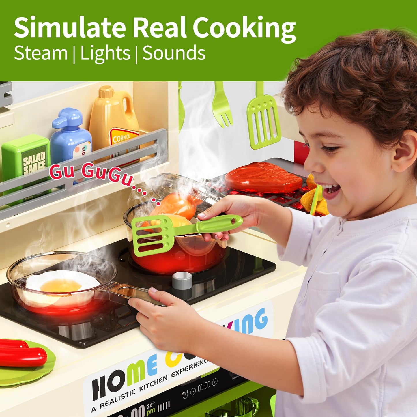 Pupu Pig Kids Kitchen Playset — Interactive Kitchen with Electric Stove, Grill, Sink, Lights & Sounds
