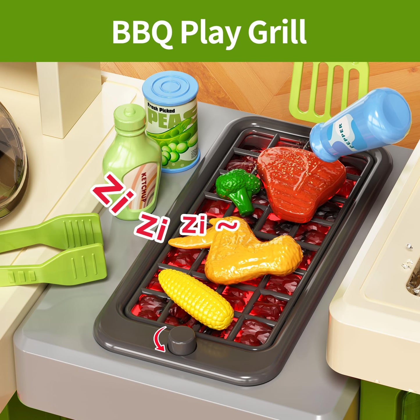 Pupu Pig Kids Kitchen Playset — Interactive Kitchen with Electric Stove, Grill, Sink, Lights & Sounds