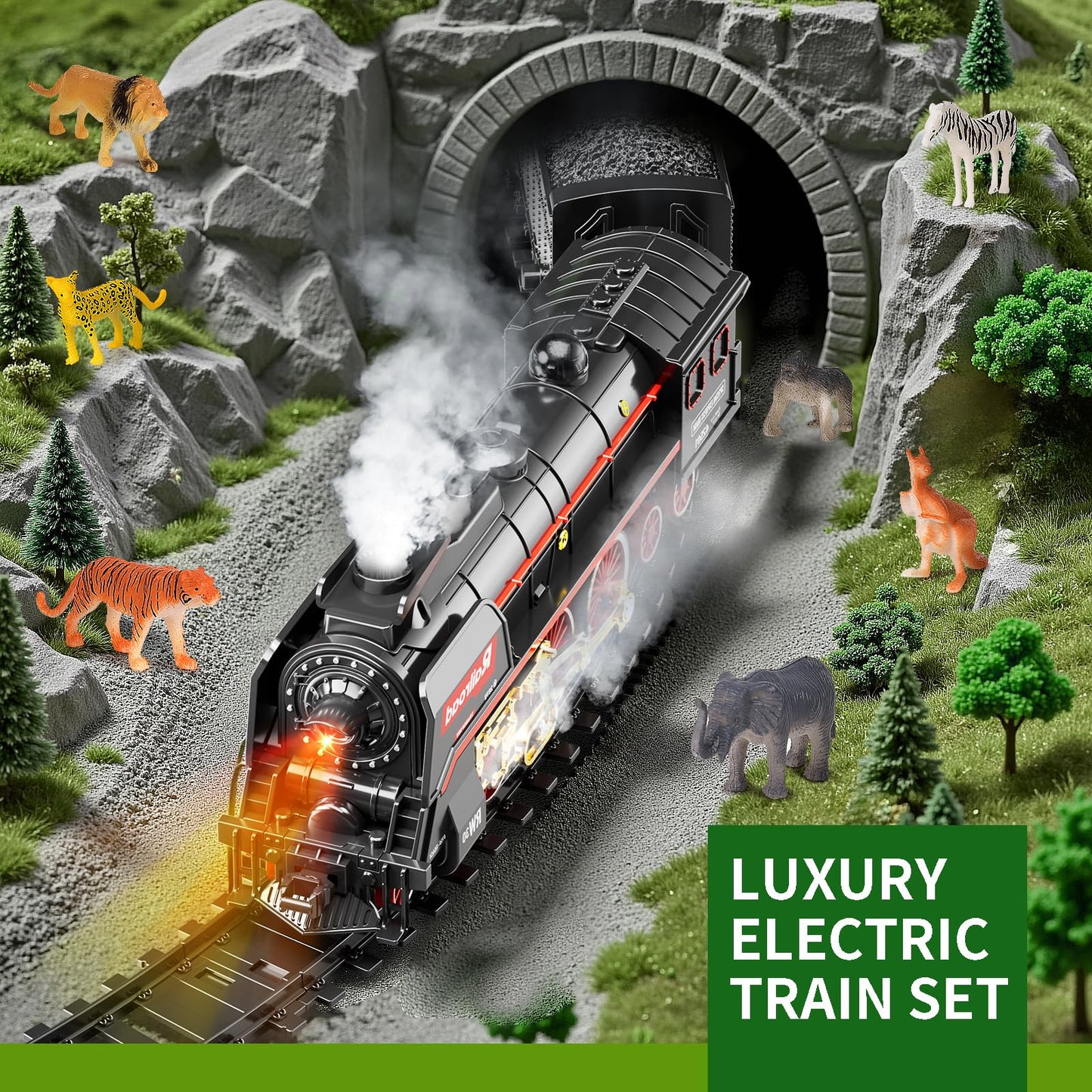 Pupu Pig Model Train Set – Remote Control Train with 3-Way Smoke Locomotive, 5 Cars, Luxury Track Kit