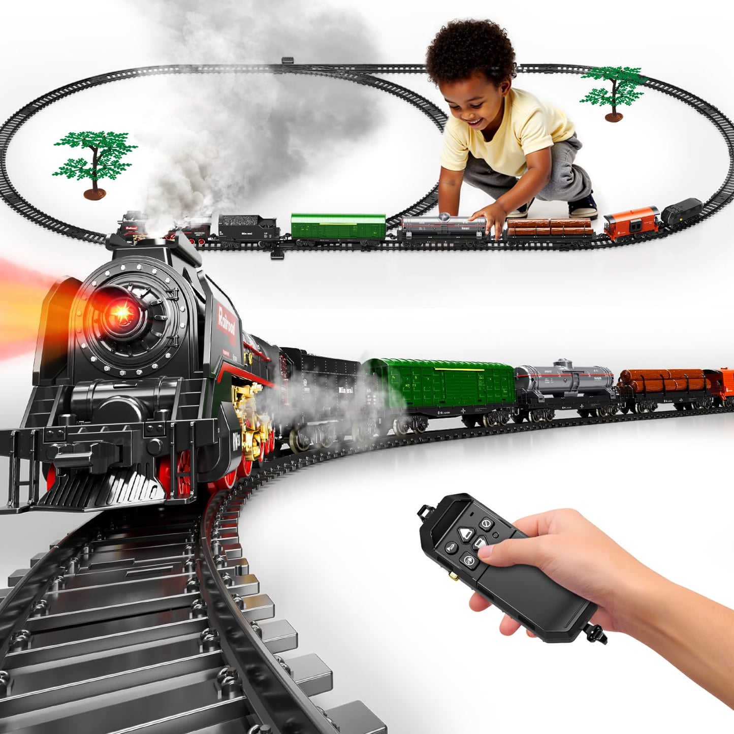 Pupu Pig Model Train Set – Remote Control Train with 3-Way Smoke Locomotive, 5 Cars, Luxury Track Kit
