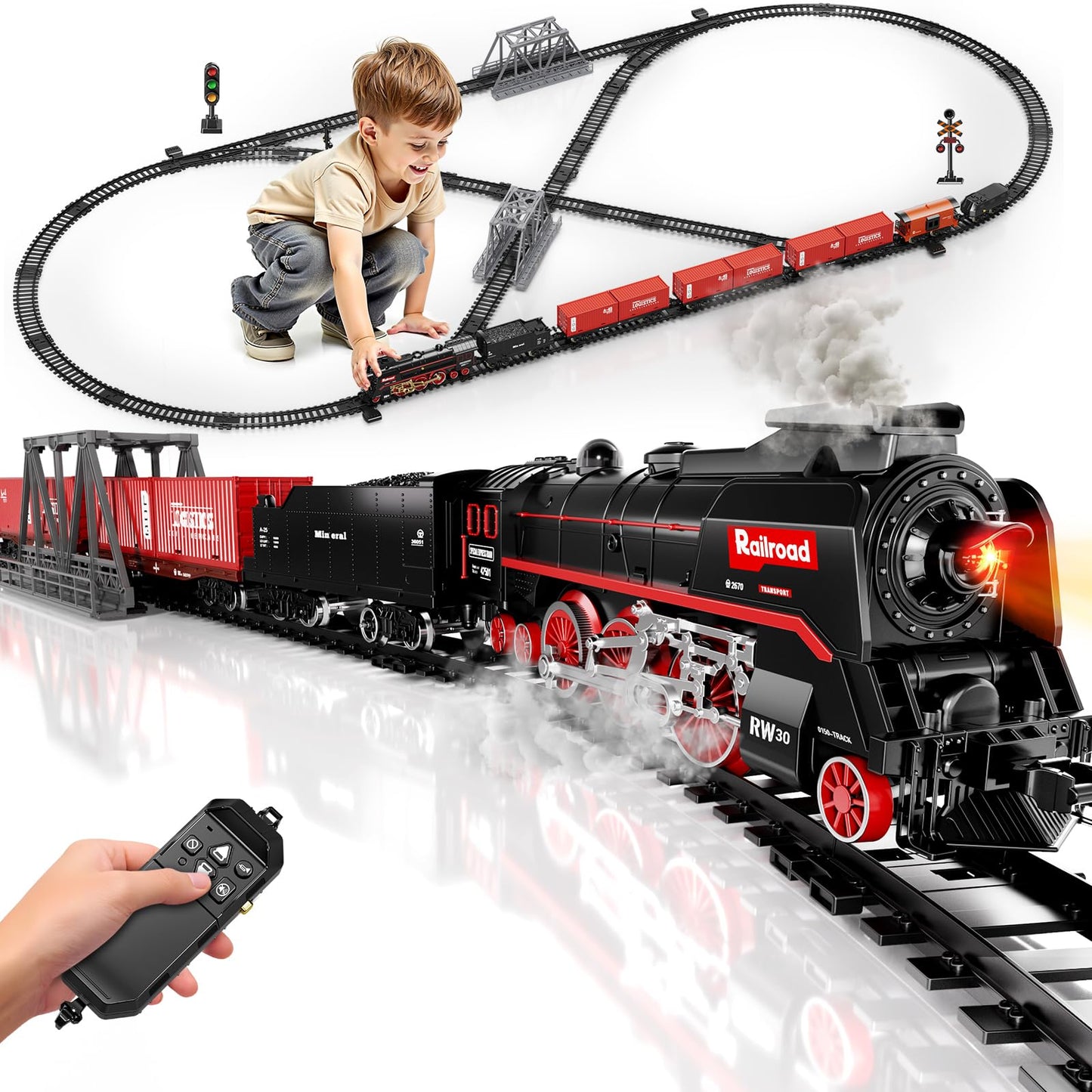 Pupu Pig Model Train Set – 3-Way Smoke Locomotive, 5 Cars, Luxury Track Kit