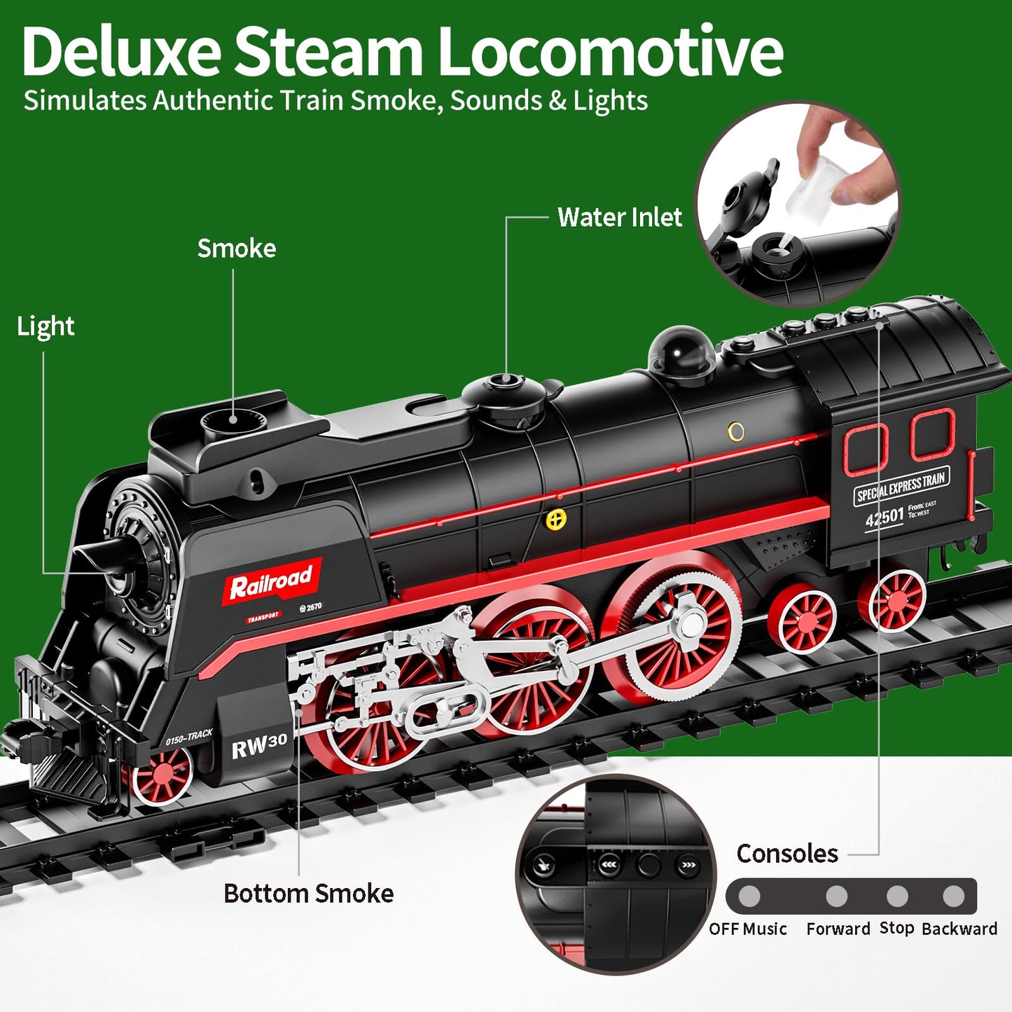 Pupu Pig Model Train Set – Remote Control Train with 3-Way Smoke Locomotive, 5 Cars, Luxury Track Kit