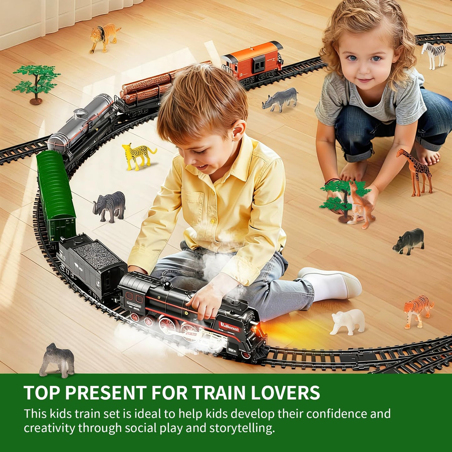 Pupu Pig Model Train Set – Remote Control Train with 3-Way Smoke Locomotive, 5 Cars, Luxury Track Kit