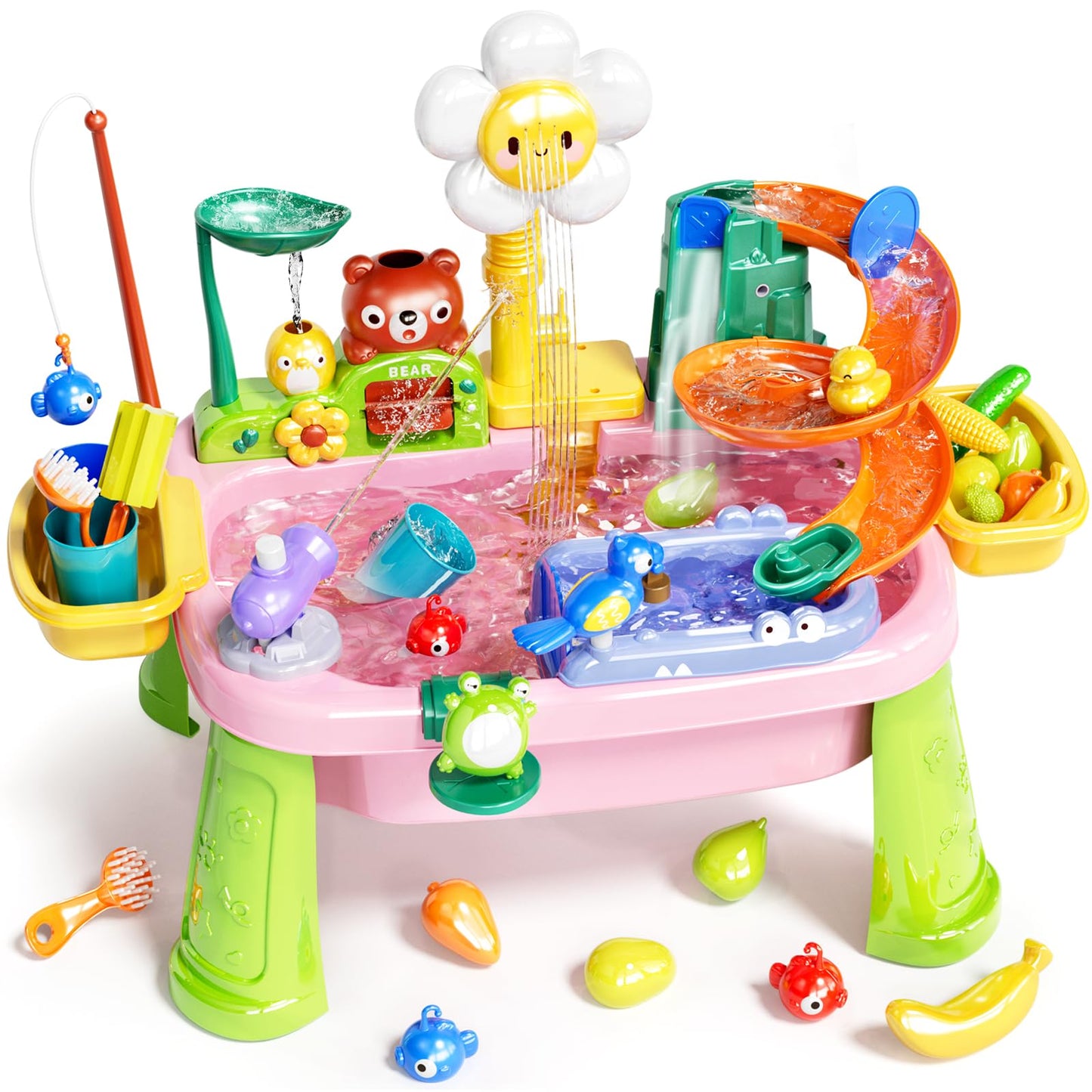 Pupu Pig Water Table Play Sink Toys for Toddlers – 360° Faucet, Floating Fishing Game, Color-Changing Cup
