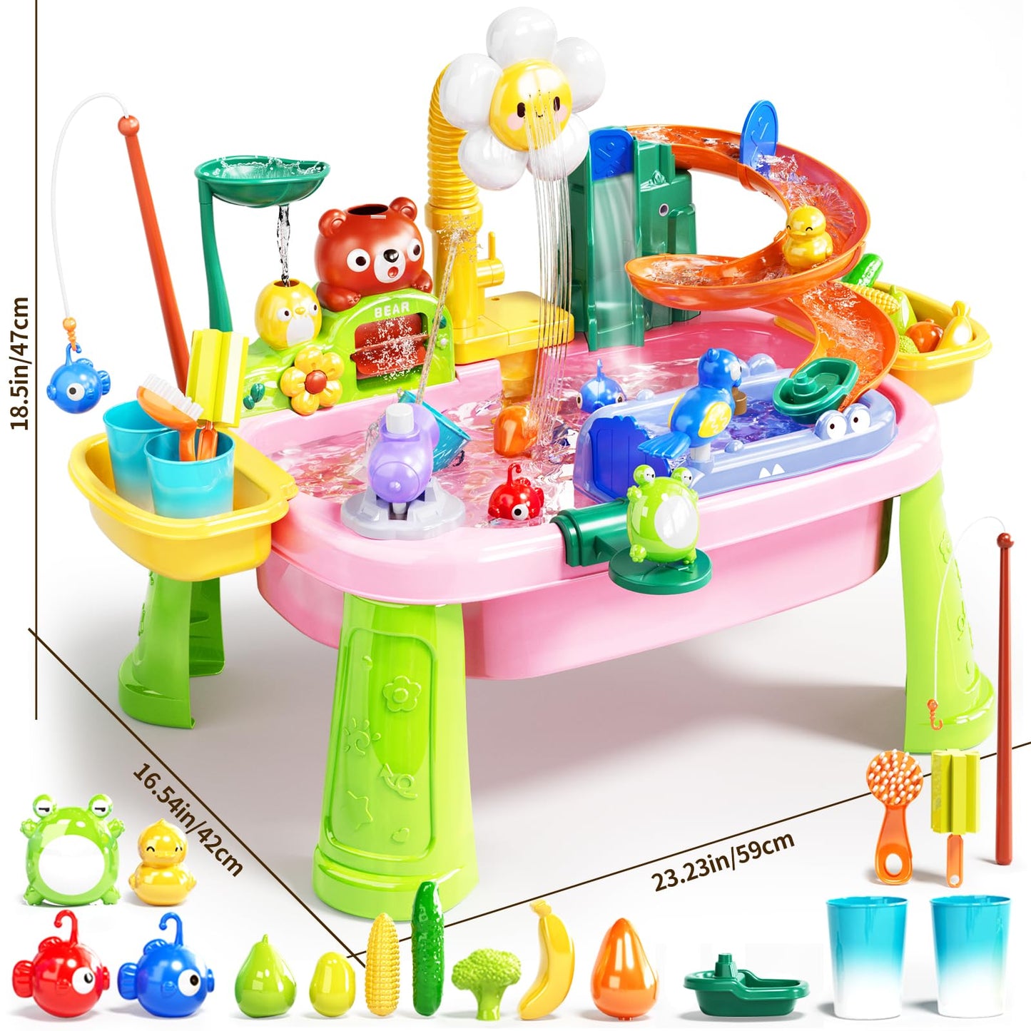 Pupu Pig Water Table Play Sink Toys for Toddlers – 360° Faucet, Floating Fishing Game, Color-Changing Cup