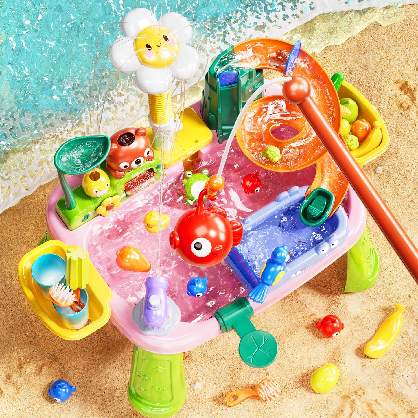 Pupu Pig Water Table Play Sink Toys for Toddlers – 360° Faucet, Floating Fishing Game, Color-Changing Cup