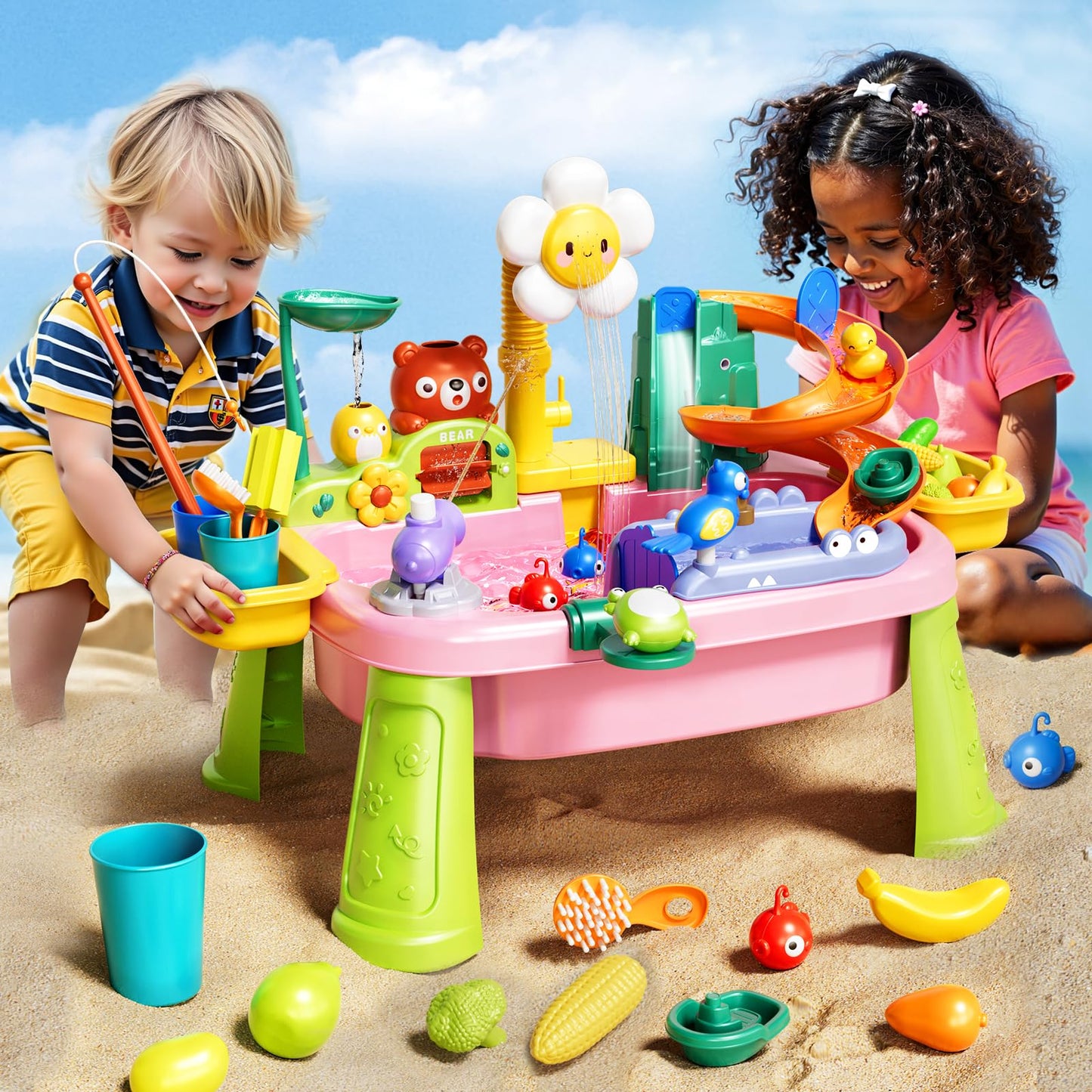 Pupu Pig Water Table Play Sink Toys for Toddlers – 360° Faucet, Floating Fishing Game, Color-Changing Cup