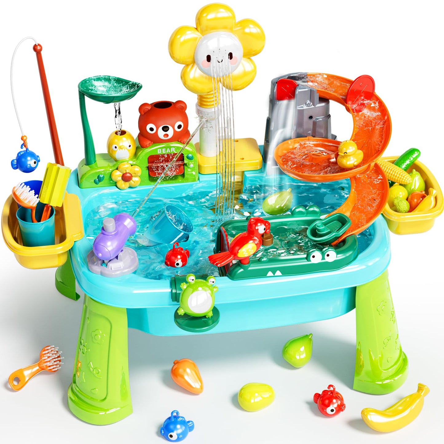 Pupu Pig Water Table Play Sink Toys for Toddlers – 360° Faucet, Floating Fishing Game & Color-Changing Sensory Table