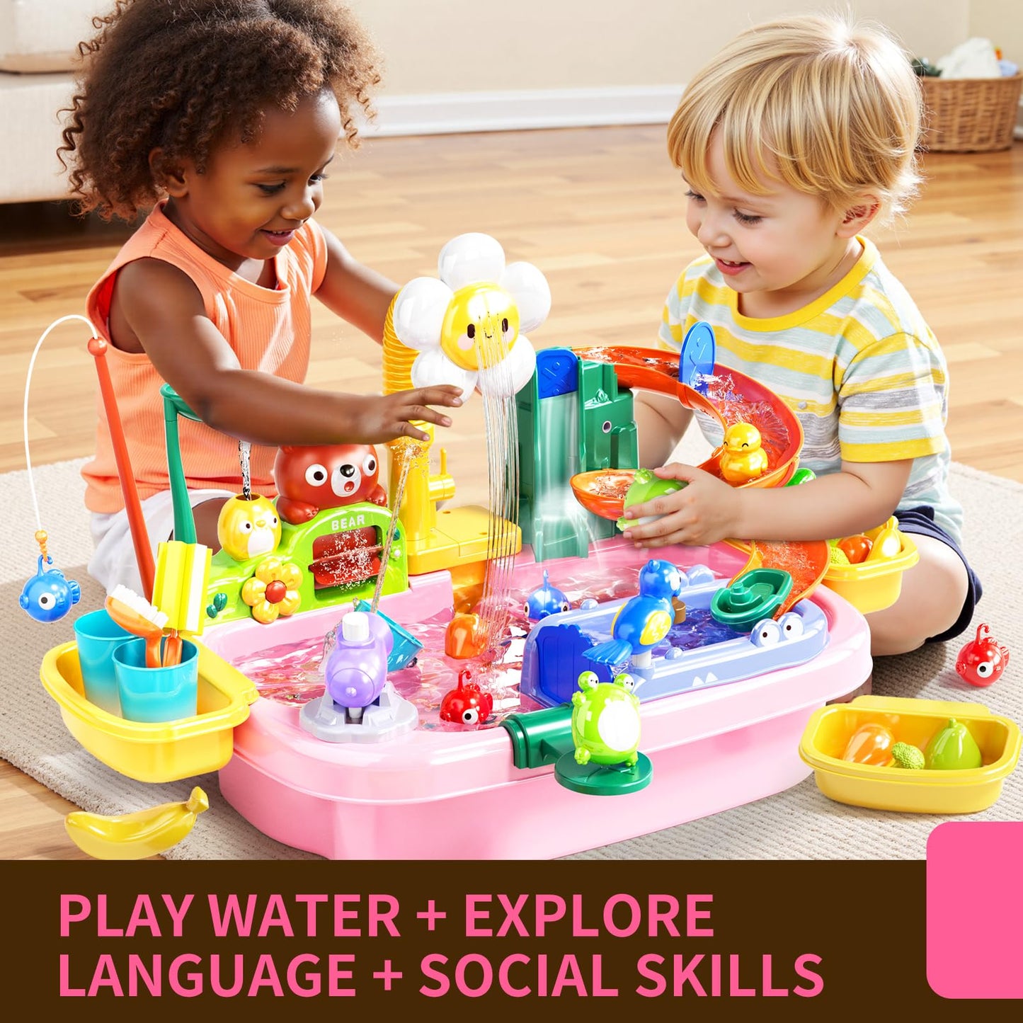 Pupu Pig Water Table Play Sink Toys for Toddlers – 360° Faucet, Floating Fishing Game, Color-Changing Cup